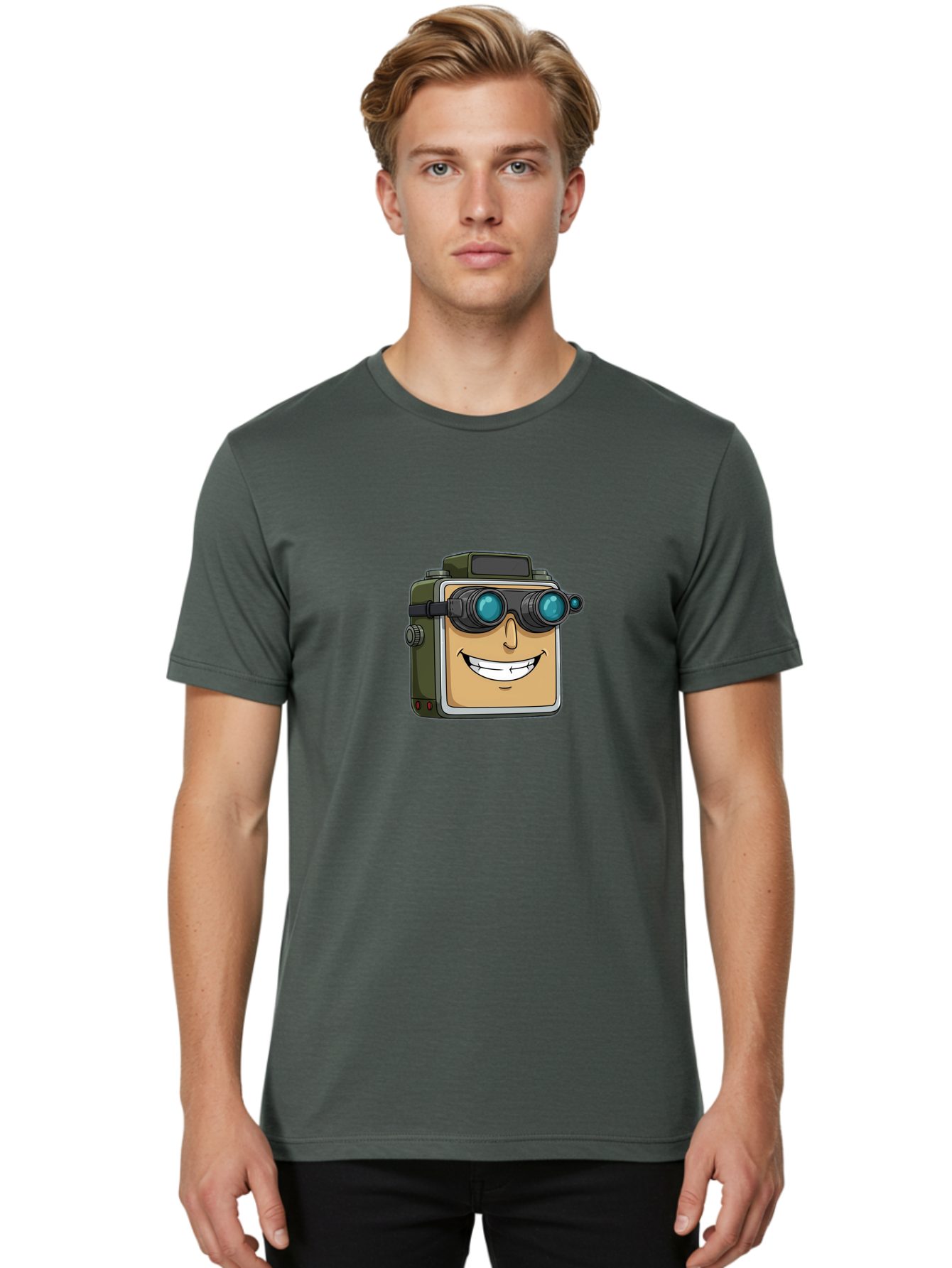 Camera-With-Goggles Men'S Graphic Tee, 100% Cotton, Comfortable Casual Summer Wear, Machine Washable, Cartoon Camera, Smiling Camera, Goggles On Camera, Futuristic Technology, Camera Character, Playful Illustration, Tech Gadget, Bae377