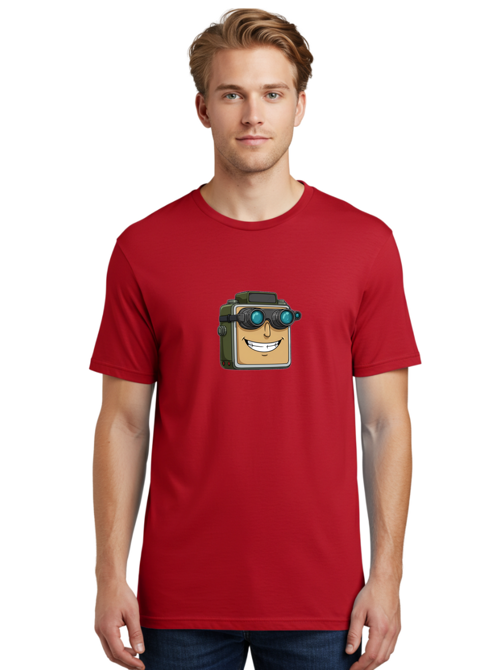 Camera-With-Goggles Men'S Graphic Tee, 100% Cotton, Comfortable Casual Summer Wear, Machine Washable, Cartoon Camera, Smiling Camera, Goggles On Camera, Futuristic Technology, Camera Character, Playful Illustration, Tech Gadget, Bae377
