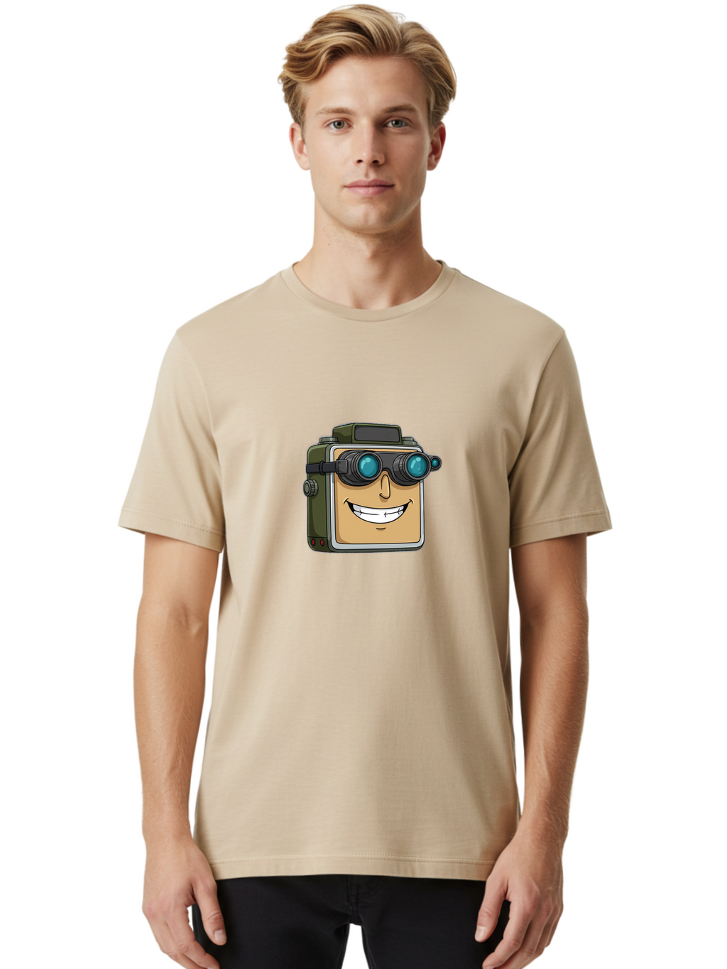 Camera-With-Goggles Men'S Graphic Tee, 100% Cotton, Comfortable Casual Summer Wear, Machine Washable, Cartoon Camera, Smiling Camera, Goggles On Camera, Futuristic Technology, Camera Character, Playful Illustration, Tech Gadget, Bae377