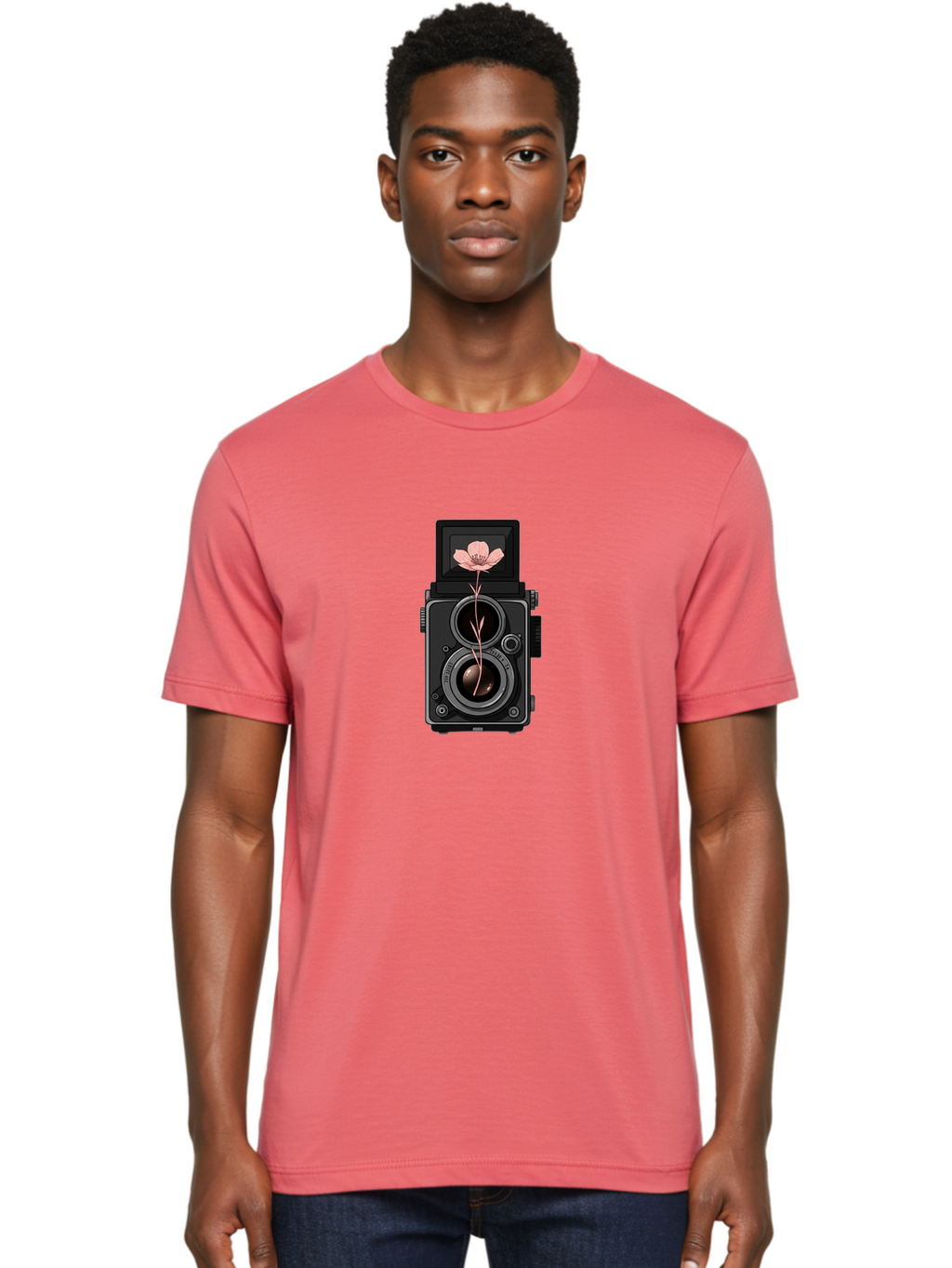 Camera-With-Pink-Flower Men'S Graphic Tee, 100% Cotton, Comfortable Casual Summer Wear, Machine Washable, Vintage Camera, Photography Equipment, Pink Flower, Hasselblad, Twin Lens Reflex, Classic Design, Photography Art, Floral Theme, Bae378