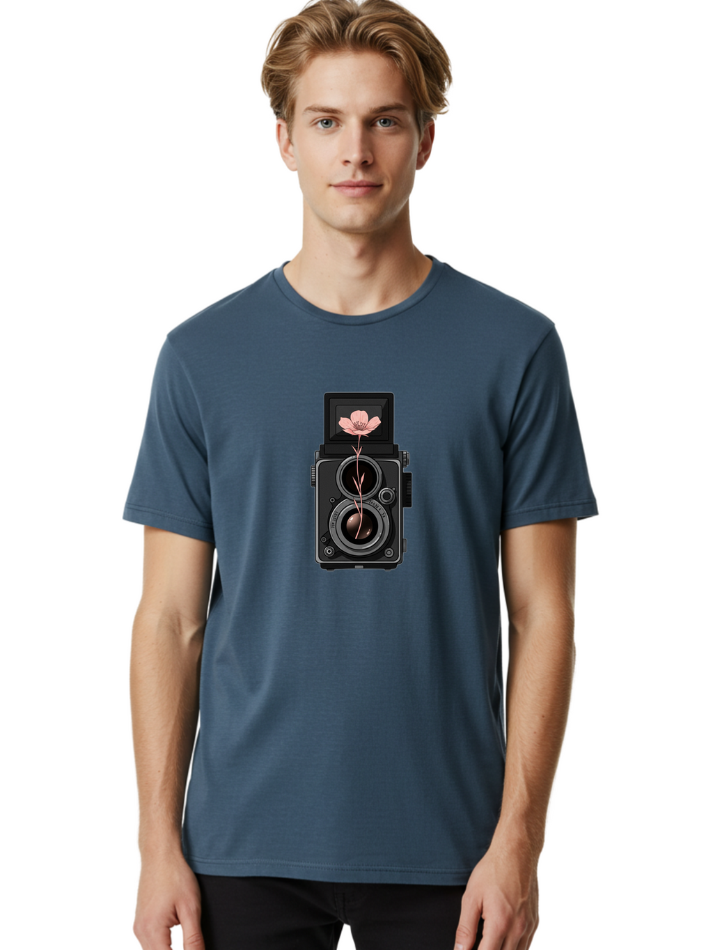 Camera-With-Pink-Flower Men'S Graphic Tee, 100% Cotton, Comfortable Casual Summer Wear, Machine Washable, Vintage Camera, Photography Equipment, Pink Flower, Hasselblad, Twin Lens Reflex, Classic Design, Photography Art, Floral Theme, Bae378