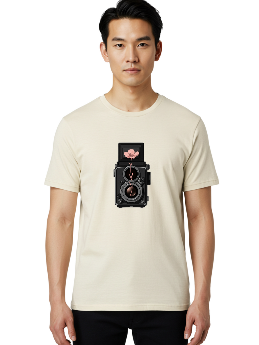 Camera-With-Pink-Flower Men'S Graphic Tee, 100% Cotton, Comfortable Casual Summer Wear, Machine Washable, Vintage Camera, Photography Equipment, Pink Flower, Hasselblad, Twin Lens Reflex, Classic Design, Photography Art, Floral Theme, Bae378