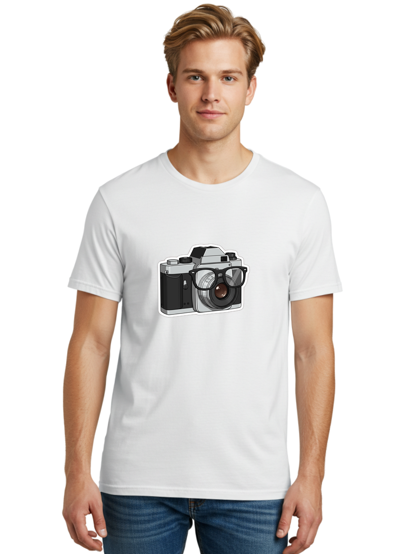 Camera-With-Shades Men'S Graphic Tee, 100% Cotton, Comfortable Casual Summer Wear, Machine Washable, Camera Wearing Sunglasses, Photography Gear, Stylish Accessory, Cool Camera, Funky Design, Creative Twist, Photography Equipment Bae379