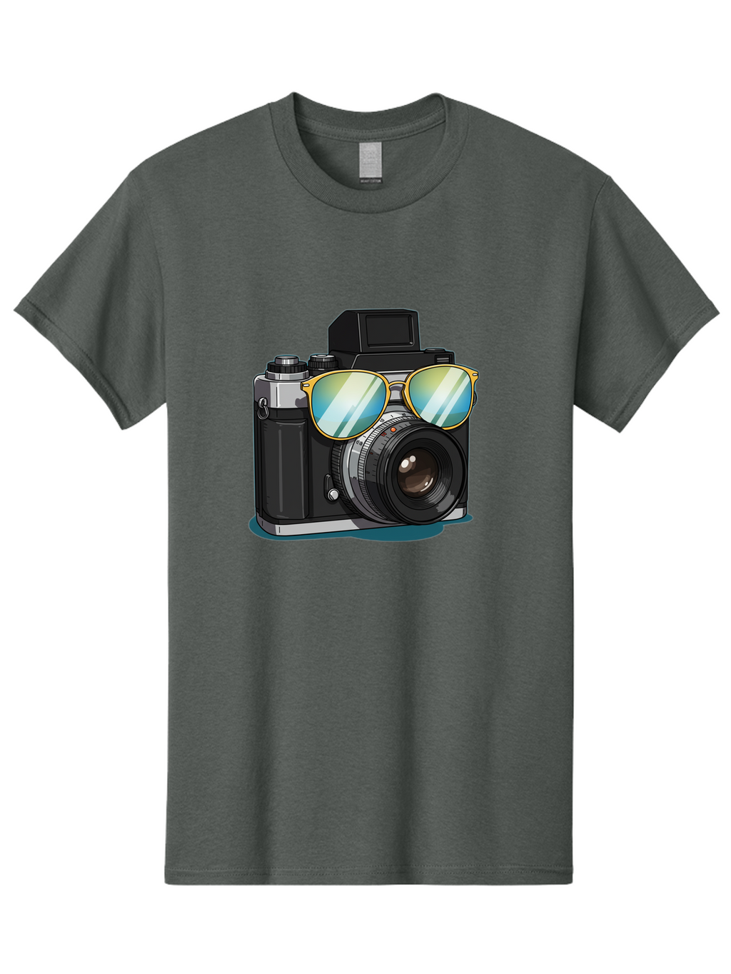 Camera-With-Sunglasses-1 Men'S Graphic Tee, 100% Cotton, Comfortable Casual Summer Wear, Machine Washable, Vintage Camera, Camera With Sunglasses, Cool Camera, Retro Photography, Stylish Accessories, Fashion Photography, Photography Equipment, Bae380