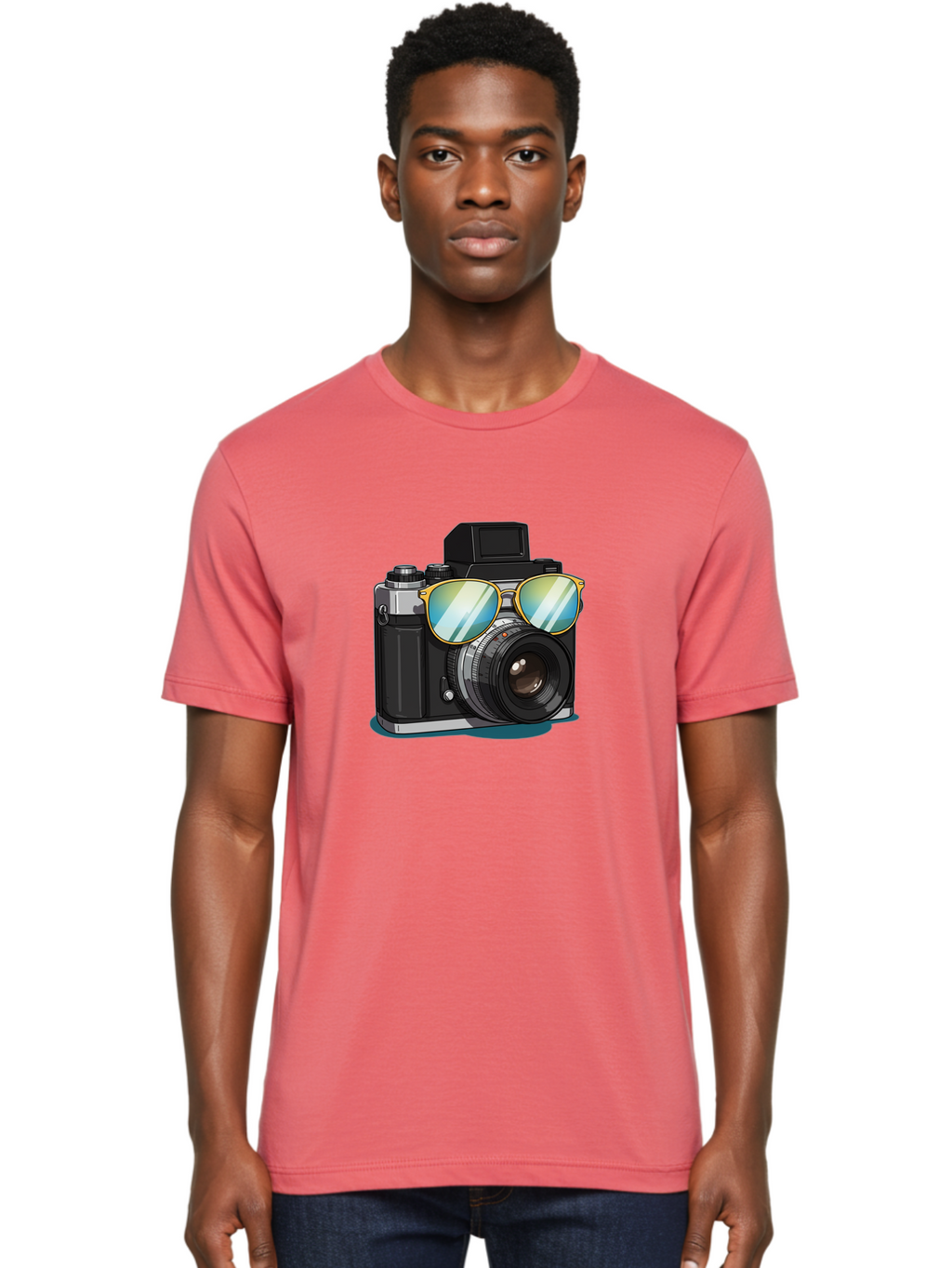 Camera-With-Sunglasses-1 Men'S Graphic Tee, 100% Cotton, Comfortable Casual Summer Wear, Machine Washable, Vintage Camera, Camera With Sunglasses, Cool Camera, Retro Photography, Stylish Accessories, Fashion Photography, Photography Equipment, Bae380