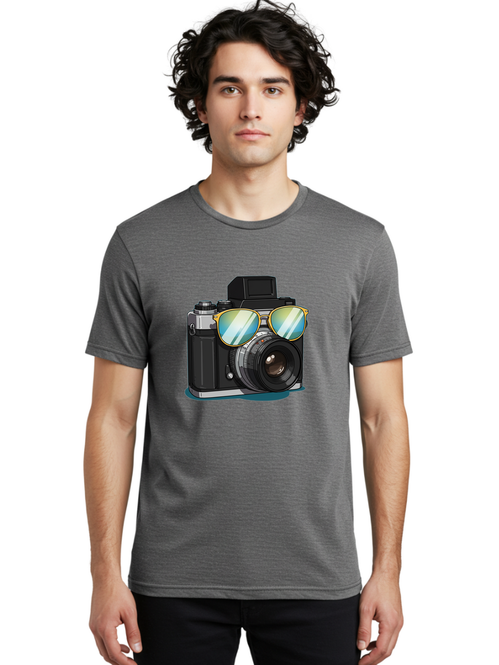 Camera-With-Sunglasses-1 Men'S Graphic Tee, 100% Cotton, Comfortable Casual Summer Wear, Machine Washable, Vintage Camera, Camera With Sunglasses, Cool Camera, Retro Photography, Stylish Accessories, Fashion Photography, Photography Equipment, Bae380