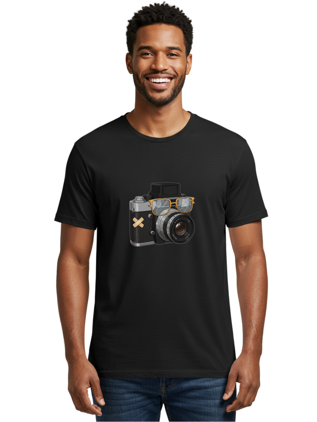 Camera-With-Sunglasses Men'S Graphic Tee, 100% Cotton, Comfortable Casual Summer Wear, Machine Washable, Vintage Camera, Camera With Sunglasses, Retro Style, Camera Accessories, Photography Equipment, Cool Camera, Hipster Camera, Bae381