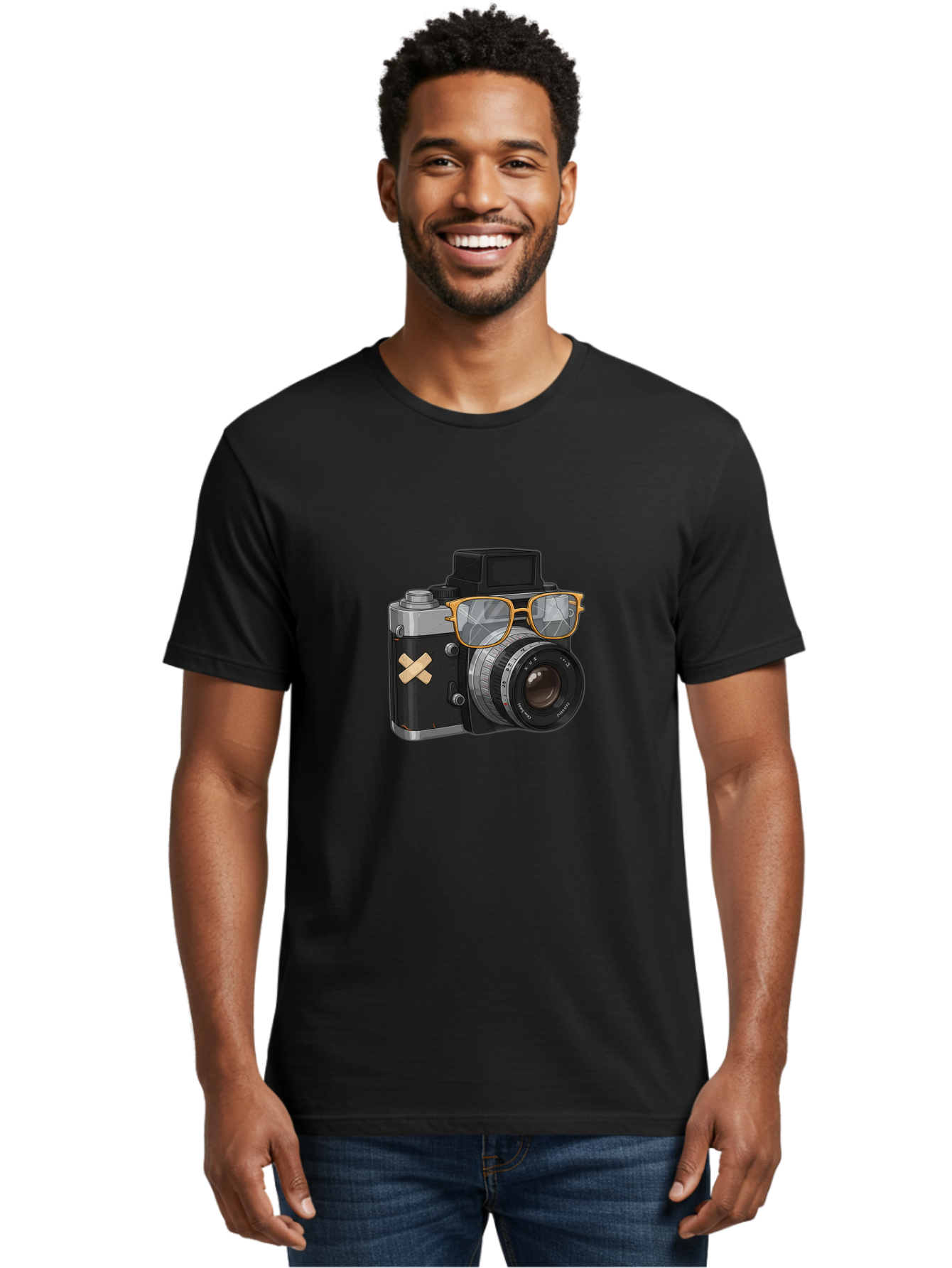 Camera-With-Sunglasses Men'S Graphic Tee, 100% Cotton, Comfortable Casual Summer Wear, Machine Washable, Vintage Camera, Camera With Sunglasses, Retro Style, Camera Accessories, Photography Equipment, Cool Camera, Hipster Camera, Bae381