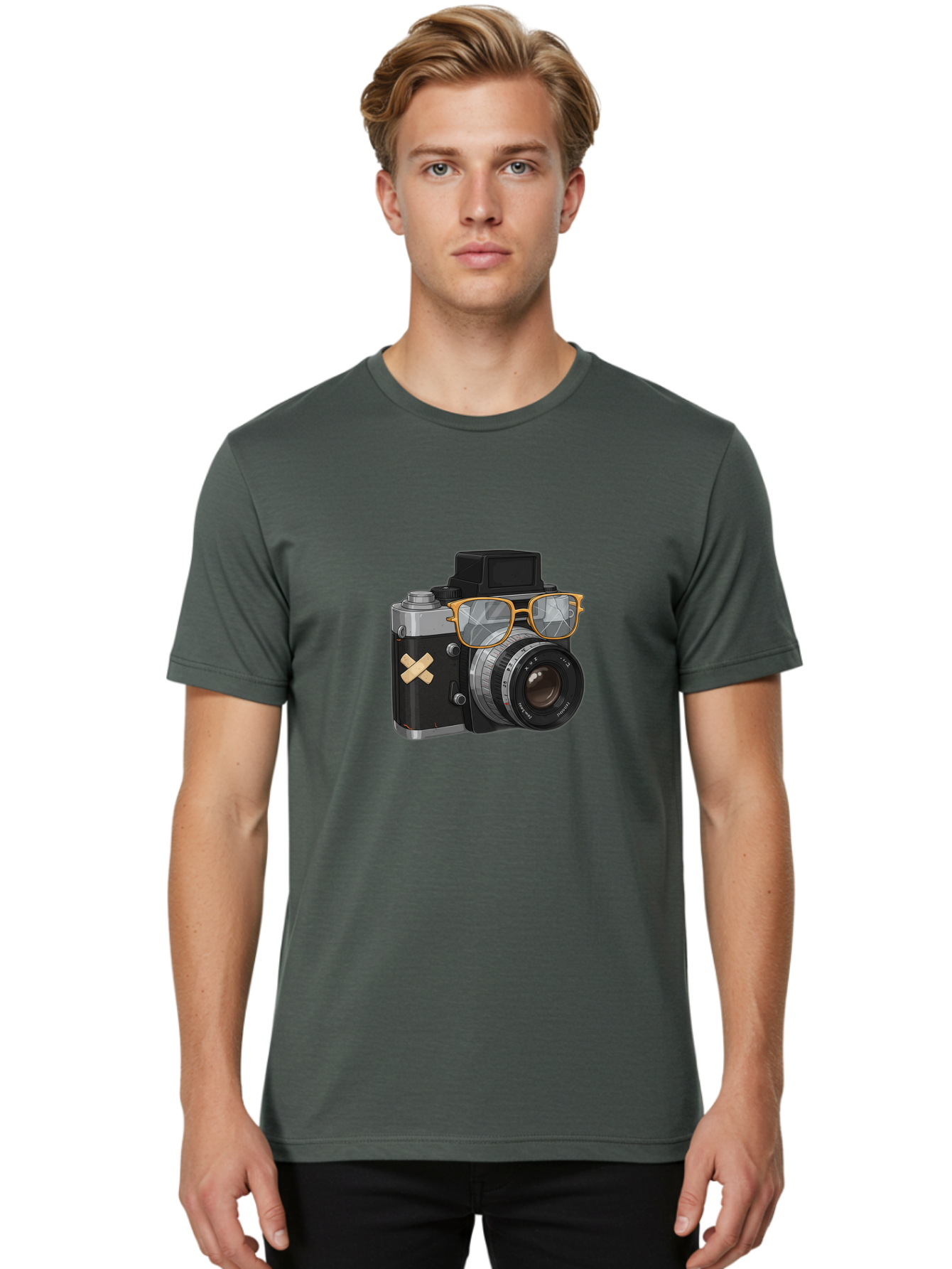 Camera-With-Sunglasses Men'S Graphic Tee, 100% Cotton, Comfortable Casual Summer Wear, Machine Washable, Vintage Camera, Camera With Sunglasses, Retro Style, Camera Accessories, Photography Equipment, Cool Camera, Hipster Camera, Bae381