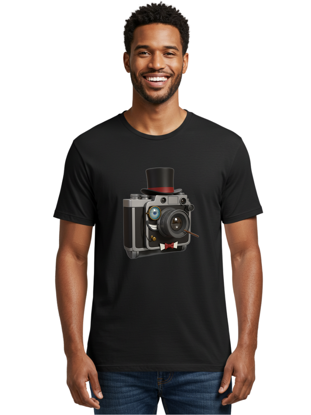 Camera-With-Top-Hat-And-Cane Men'S Graphic Tee, 100% Cotton, Comfortable Casual Summer Wear, Machine Washable, Vintage Camera, Top Hat, Bow Tie, Monocle, Sophisticated Photography, Retro Style, Gentlemanly Elegance, Classic Accessories, Bae382