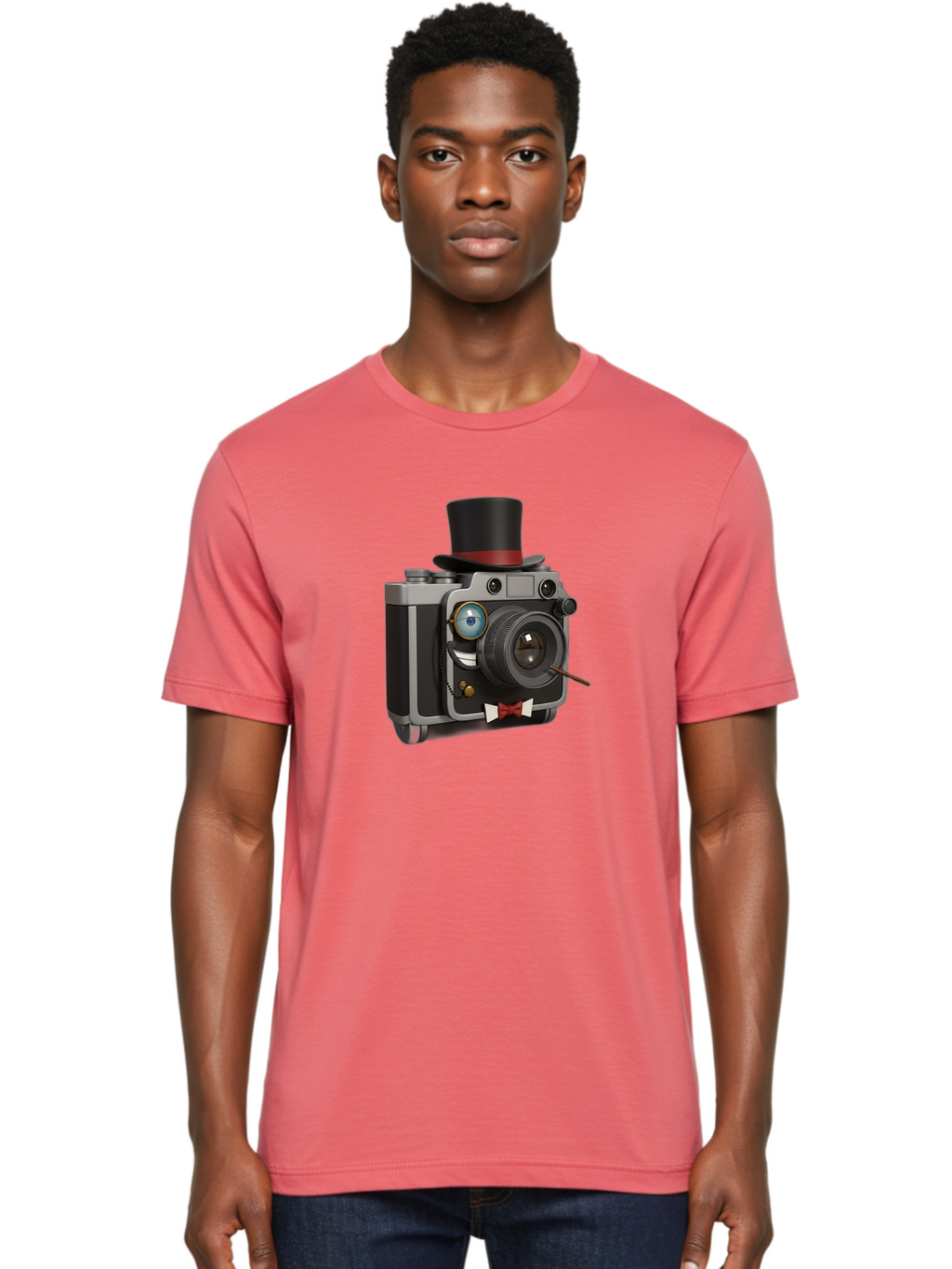 Camera-With-Top-Hat-And-Cane Men'S Graphic Tee, 100% Cotton, Comfortable Casual Summer Wear, Machine Washable, Vintage Camera, Top Hat, Bow Tie, Monocle, Sophisticated Photography, Retro Style, Gentlemanly Elegance, Classic Accessories, Bae382