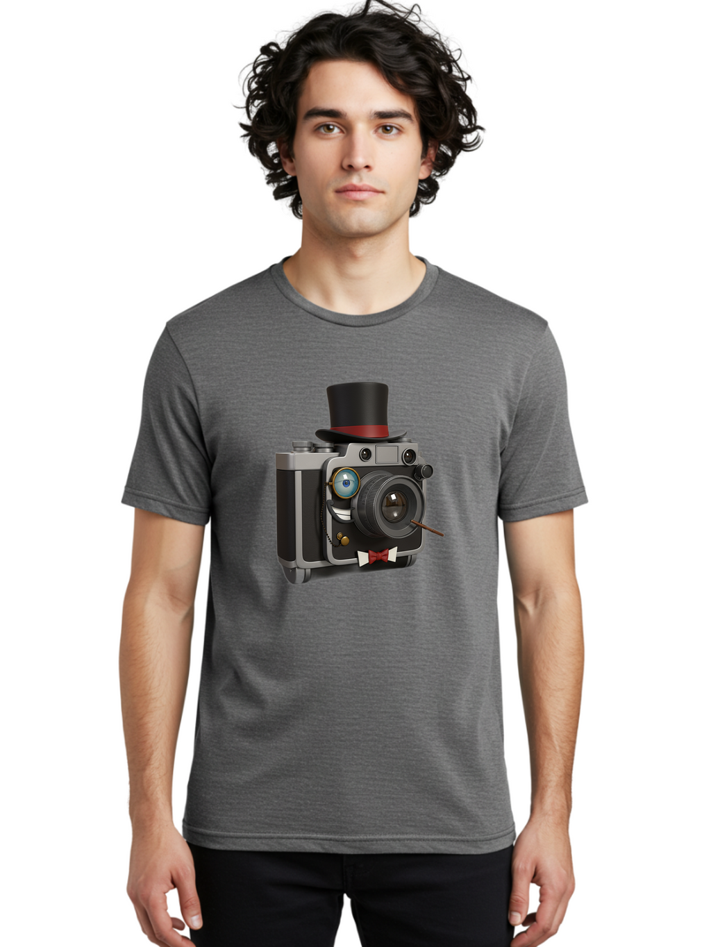 Camera-With-Top-Hat-And-Cane Men'S Graphic Tee, 100% Cotton, Comfortable Casual Summer Wear, Machine Washable, Vintage Camera, Top Hat, Bow Tie, Monocle, Sophisticated Photography, Retro Style, Gentlemanly Elegance, Classic Accessories, Bae382