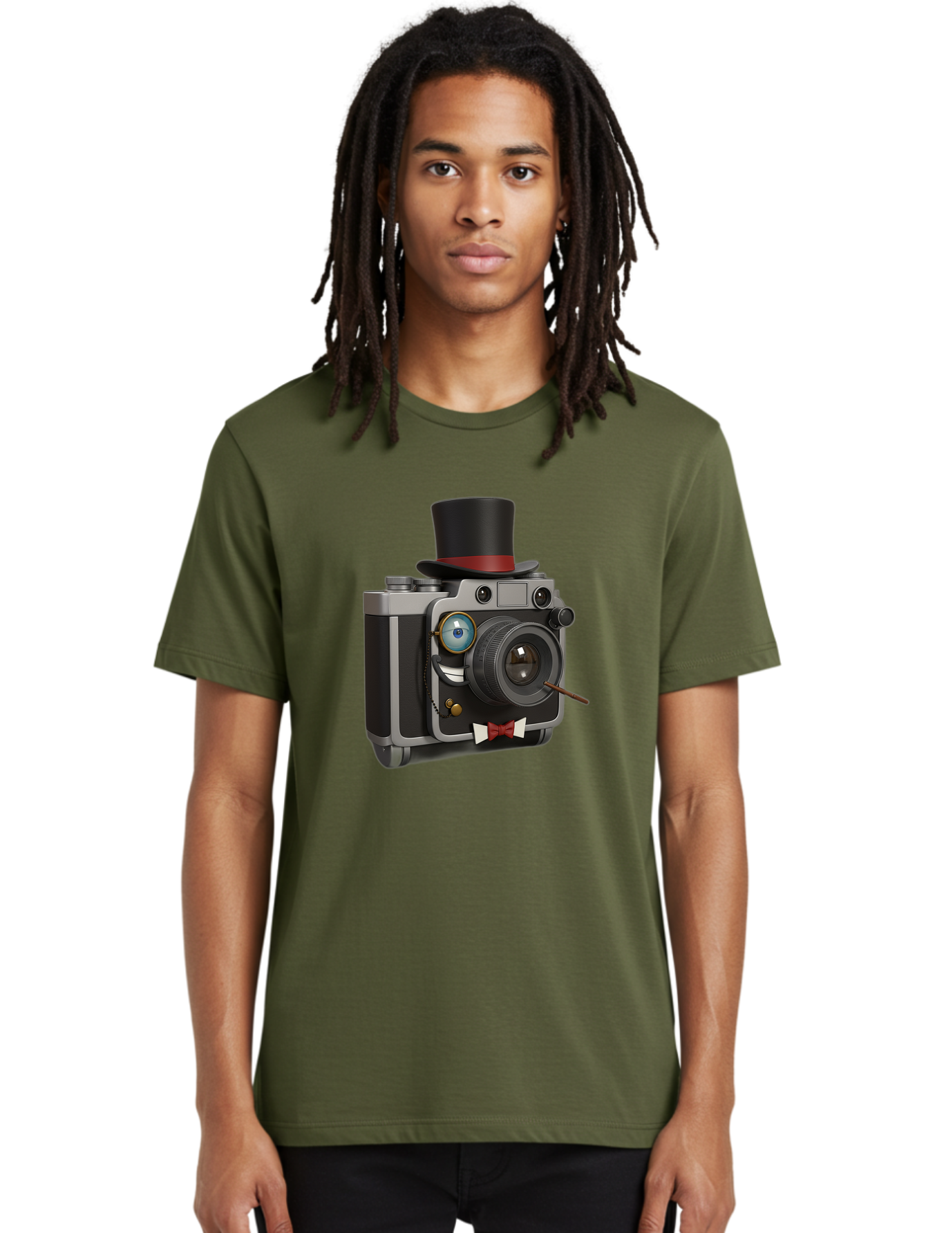 Camera-With-Top-Hat-And-Cane Men'S Graphic Tee, 100% Cotton, Comfortable Casual Summer Wear, Machine Washable, Vintage Camera, Top Hat, Bow Tie, Monocle, Sophisticated Photography, Retro Style, Gentlemanly Elegance, Classic Accessories, Bae382
