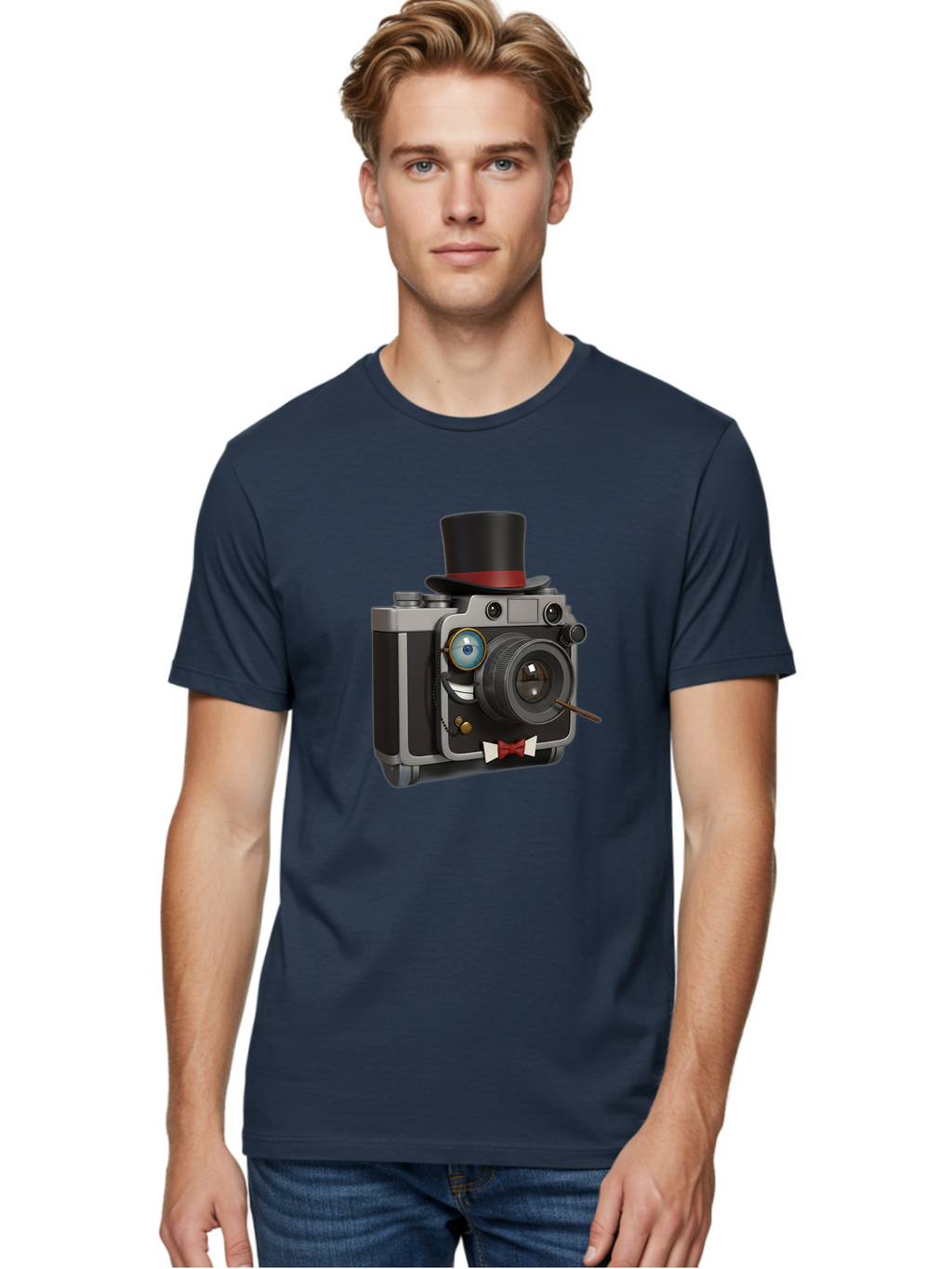 Camera-With-Top-Hat-And-Cane Men'S Graphic Tee, 100% Cotton, Comfortable Casual Summer Wear, Machine Washable, Vintage Camera, Top Hat, Bow Tie, Monocle, Sophisticated Photography, Retro Style, Gentlemanly Elegance, Classic Accessories, Bae382