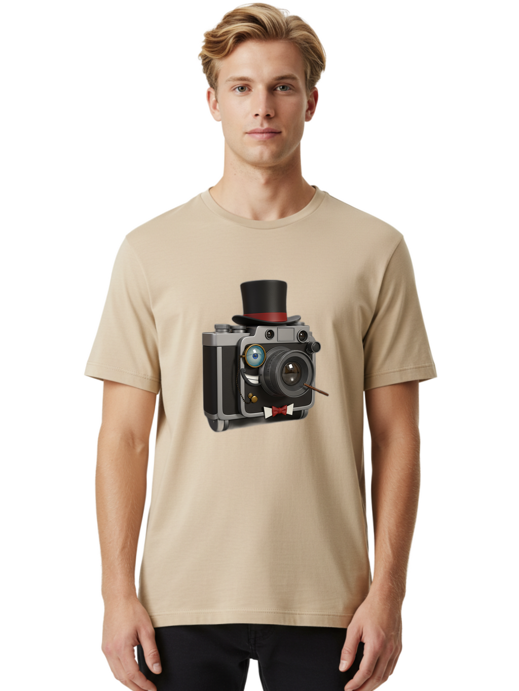 Camera-With-Top-Hat-And-Cane Men'S Graphic Tee, 100% Cotton, Comfortable Casual Summer Wear, Machine Washable, Vintage Camera, Top Hat, Bow Tie, Monocle, Sophisticated Photography, Retro Style, Gentlemanly Elegance, Classic Accessories, Bae382