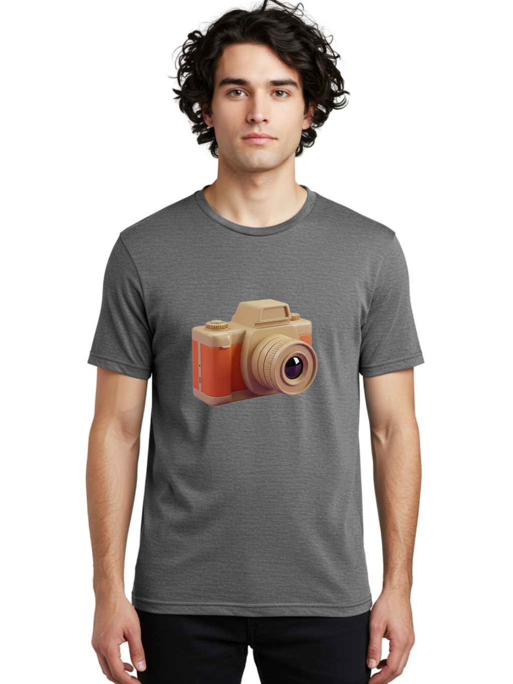 Camera Men'S Graphic Tee, 100% Cotton, Comfortable Casual Summer Wear, Machine Washable, Digital Camera, Photography Equipment, Camera Lens, Vintage Camera, Retro Style, Orange And Beige Colors, 3D Illustration, Camera Design, Photography Gear Bae383