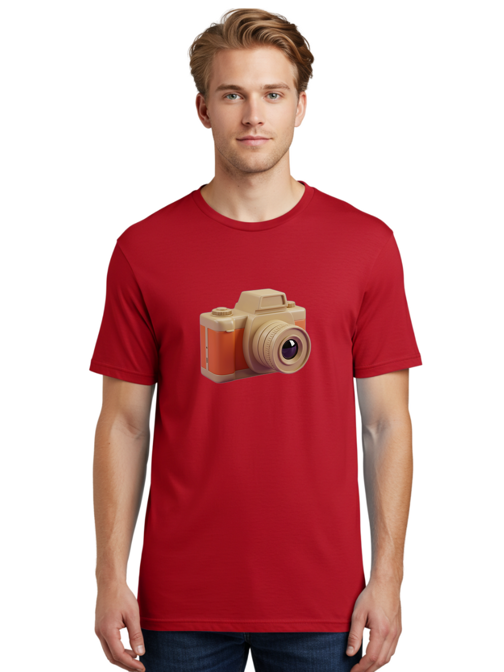 Camera Men'S Graphic Tee, 100% Cotton, Comfortable Casual Summer Wear, Machine Washable, Digital Camera, Photography Equipment, Camera Lens, Vintage Camera, Retro Style, Orange And Beige Colors, 3D Illustration, Camera Design, Photography Gear Bae383
