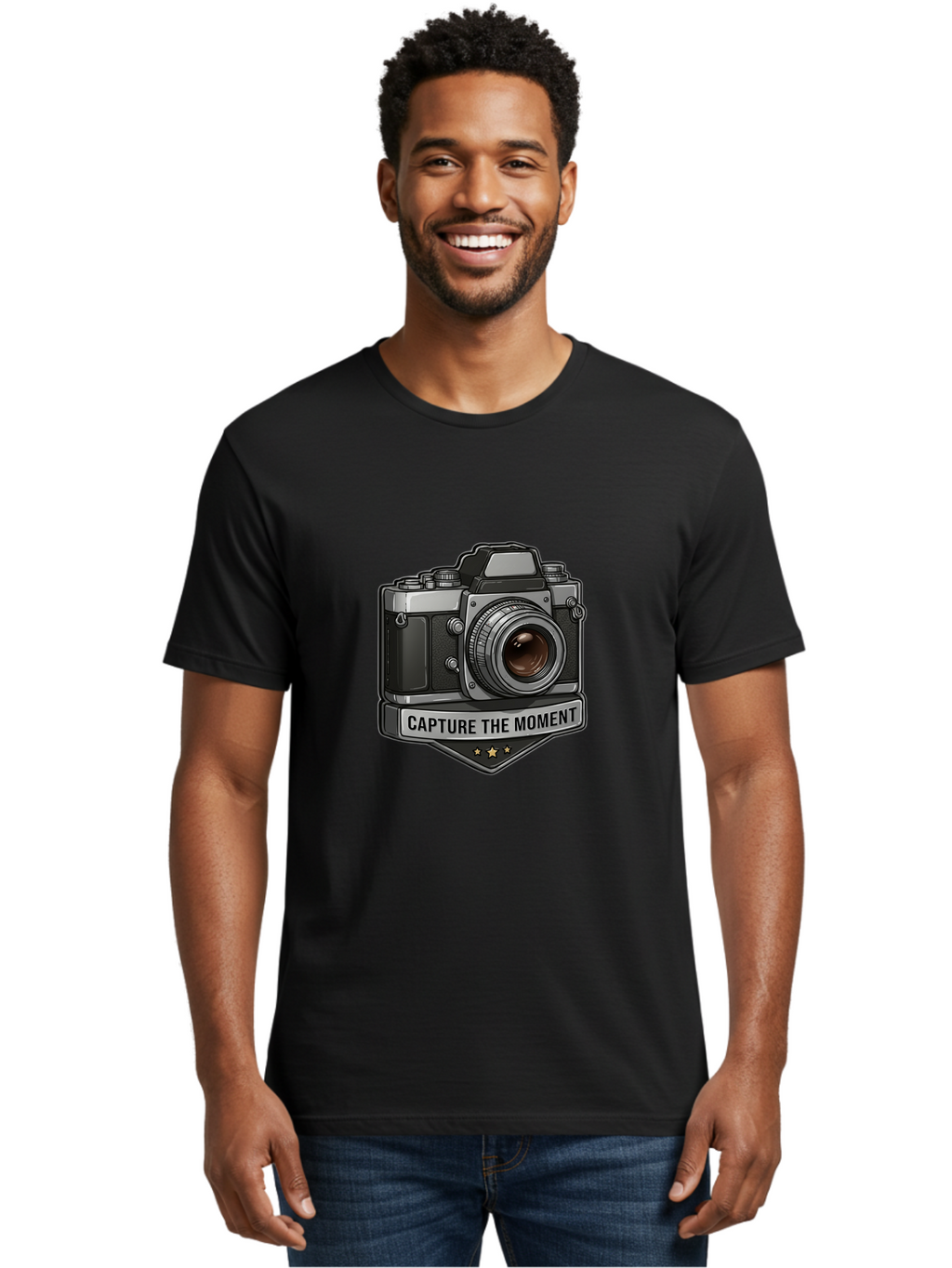 Capture-The-Moment Men'S Graphic Tee, 100% Cotton, Comfortable Casual Summer Wear, Machine Washable, Vintage Camera, Photography Equipment, Capture The Moment, Three Stars, Classic Design, Retro Style, Photography Inspiration, Camera Logo, Bae385