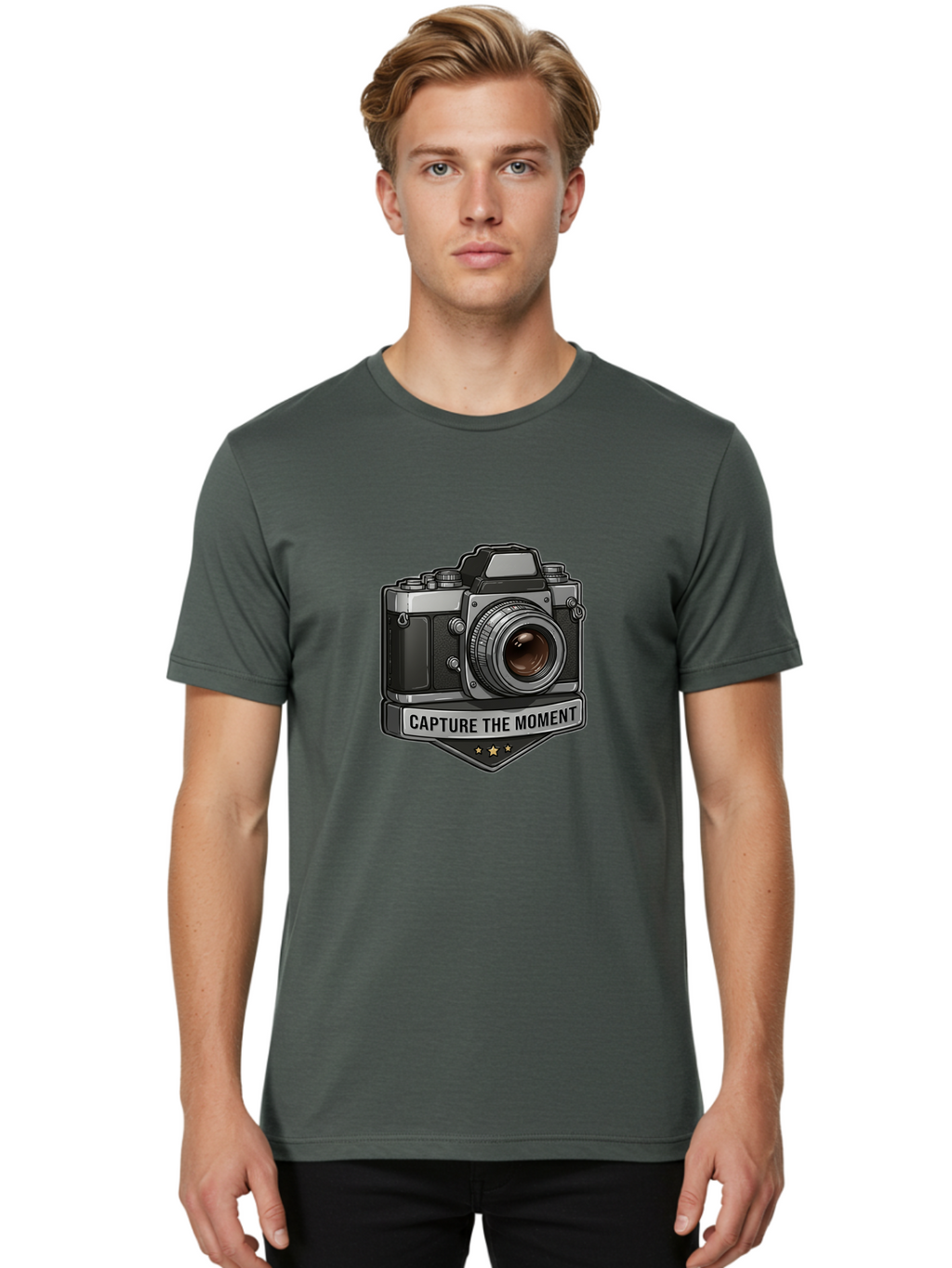 Capture-The-Moment Men'S Graphic Tee, 100% Cotton, Comfortable Casual Summer Wear, Machine Washable, Vintage Camera, Photography Equipment, Capture The Moment, Three Stars, Classic Design, Retro Style, Photography Inspiration, Camera Logo, Bae385