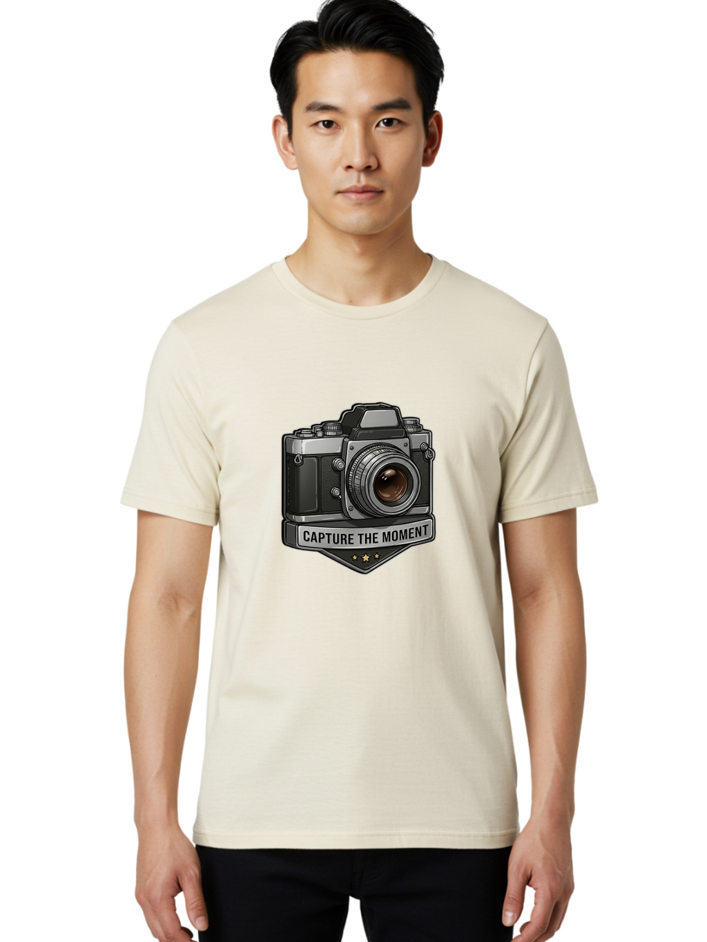 Capture-The-Moment Men'S Graphic Tee, 100% Cotton, Comfortable Casual Summer Wear, Machine Washable, Vintage Camera, Photography Equipment, Capture The Moment, Three Stars, Classic Design, Retro Style, Photography Inspiration, Camera Logo, Bae385
