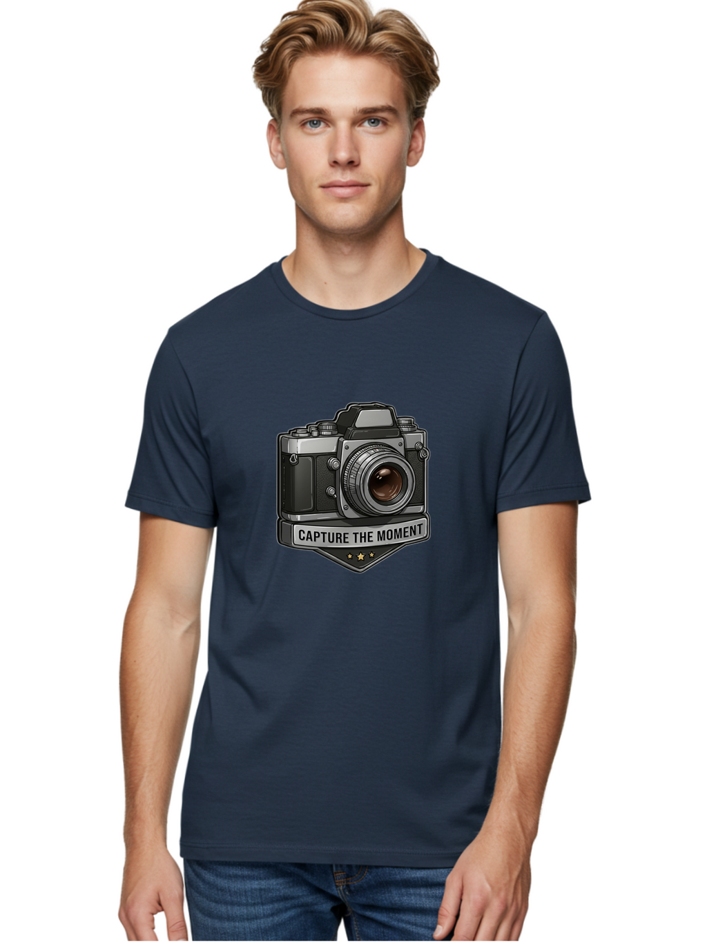 Capture-The-Moment Men'S Graphic Tee, 100% Cotton, Comfortable Casual Summer Wear, Machine Washable, Vintage Camera, Photography Equipment, Capture The Moment, Three Stars, Classic Design, Retro Style, Photography Inspiration, Camera Logo, Bae385