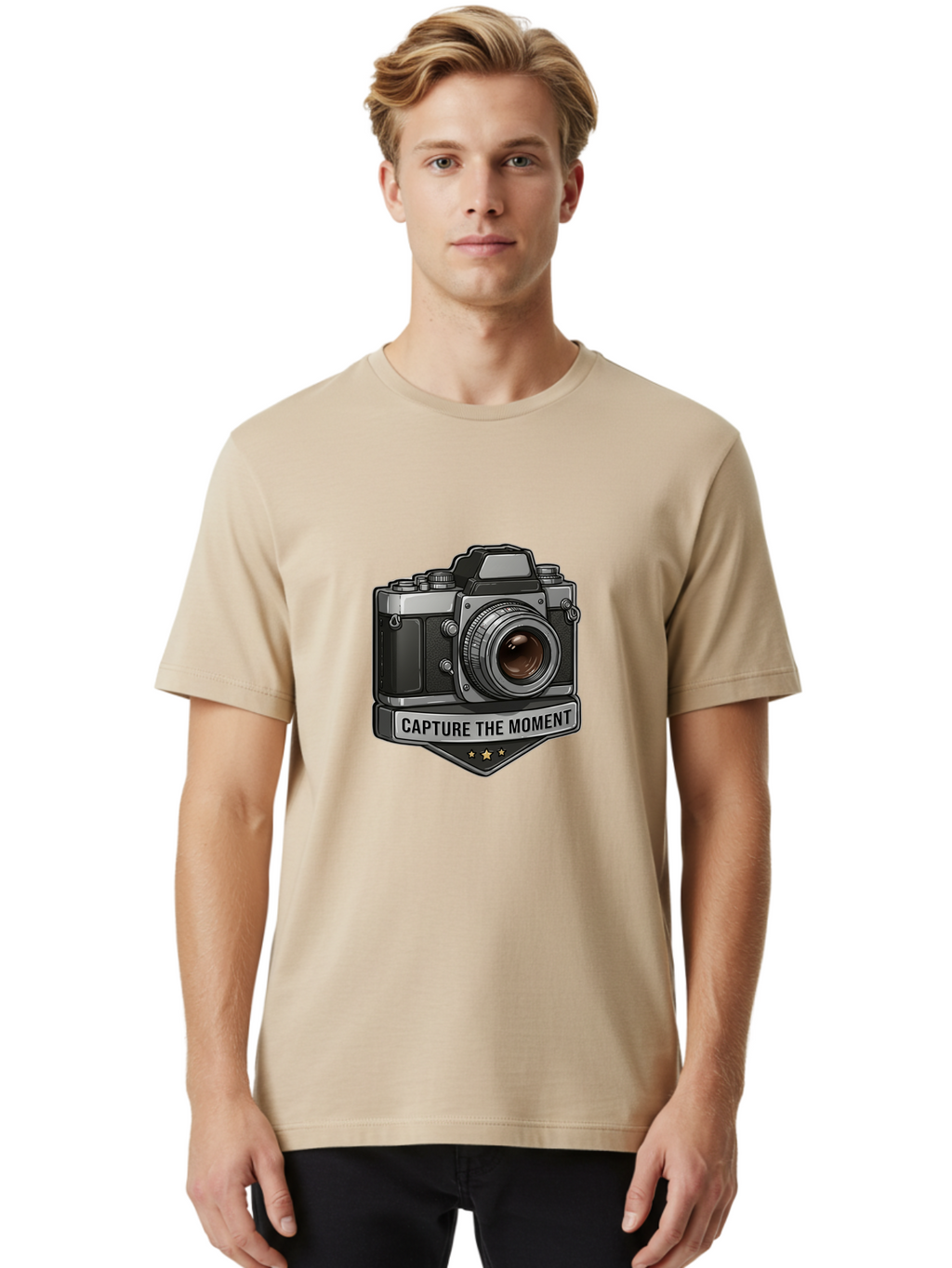 Capture-The-Moment Men'S Graphic Tee, 100% Cotton, Comfortable Casual Summer Wear, Machine Washable, Vintage Camera, Photography Equipment, Capture The Moment, Three Stars, Classic Design, Retro Style, Photography Inspiration, Camera Logo, Bae385
