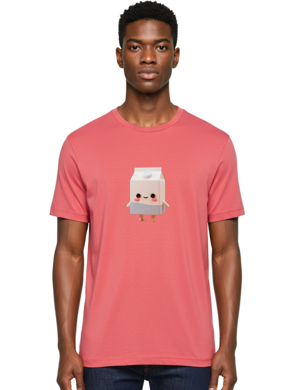 Carton-With-Face Men'S Graphic Tee, 100% Cotton, Comfortable Casual Summer Wear, Machine Washable, Cartoon Milk Carton, Cute Character, Kawaii Design, Smiling Face, Rosy Cheeks, Anthropomorphic, 3D Illustration, Dairy Product, Bae386