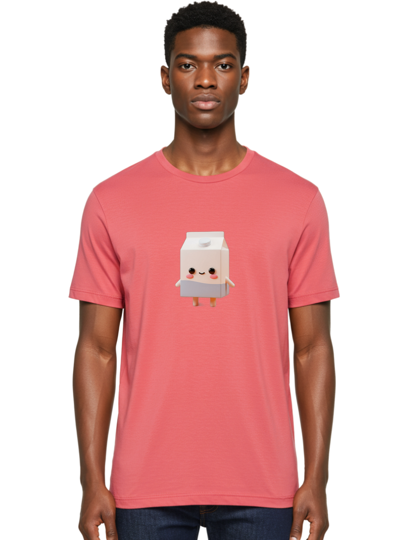 Carton-With-Face Men'S Graphic Tee, 100% Cotton, Comfortable Casual Summer Wear, Machine Washable, Cartoon Milk Carton, Cute Character, Kawaii Design, Smiling Face, Rosy Cheeks, Anthropomorphic, 3D Illustration, Dairy Product, Bae386