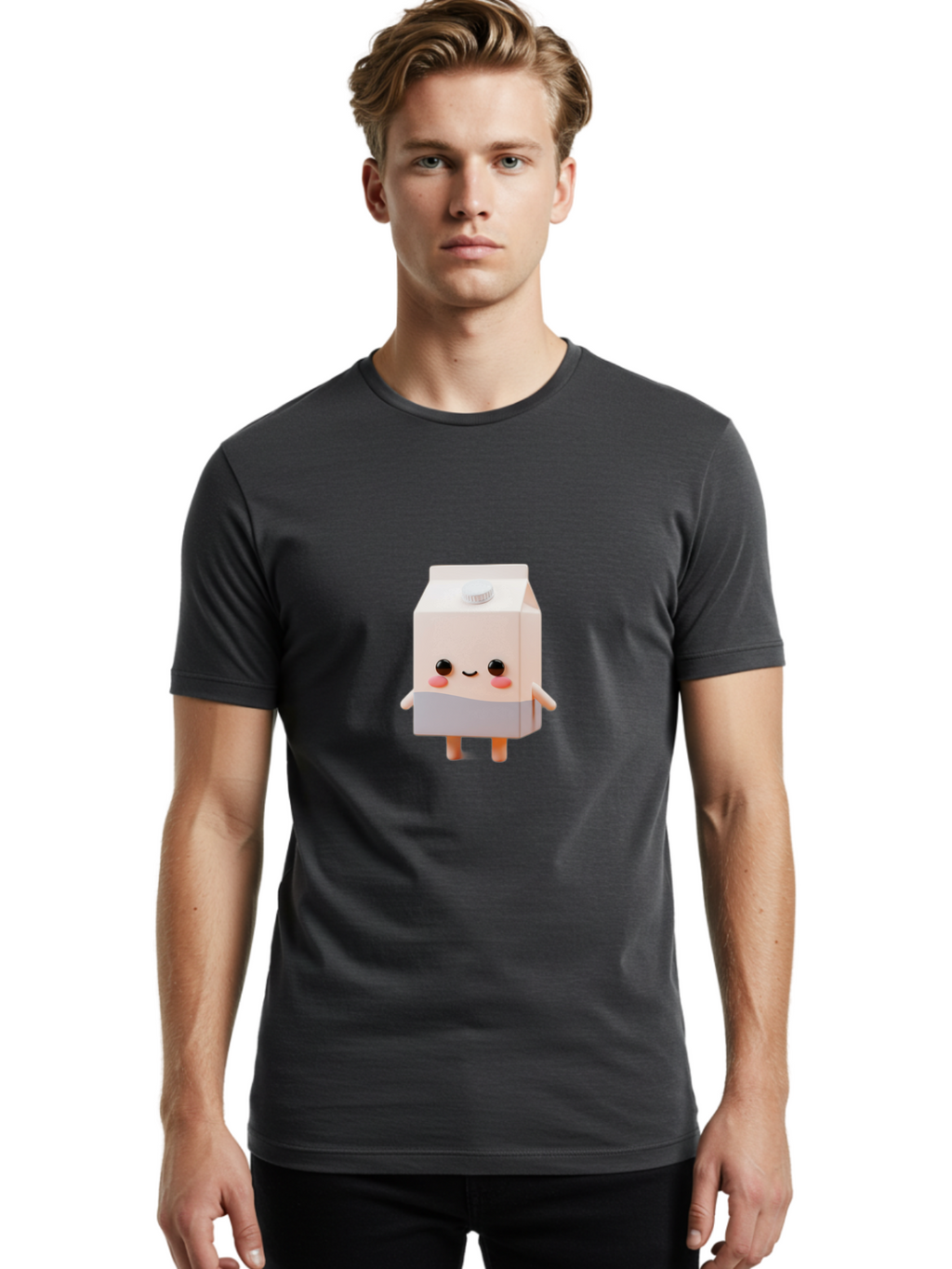 Carton-With-Face Men'S Graphic Tee, 100% Cotton, Comfortable Casual Summer Wear, Machine Washable, Cartoon Milk Carton, Cute Character, Kawaii Design, Smiling Face, Rosy Cheeks, Anthropomorphic, 3D Illustration, Dairy Product, Bae386