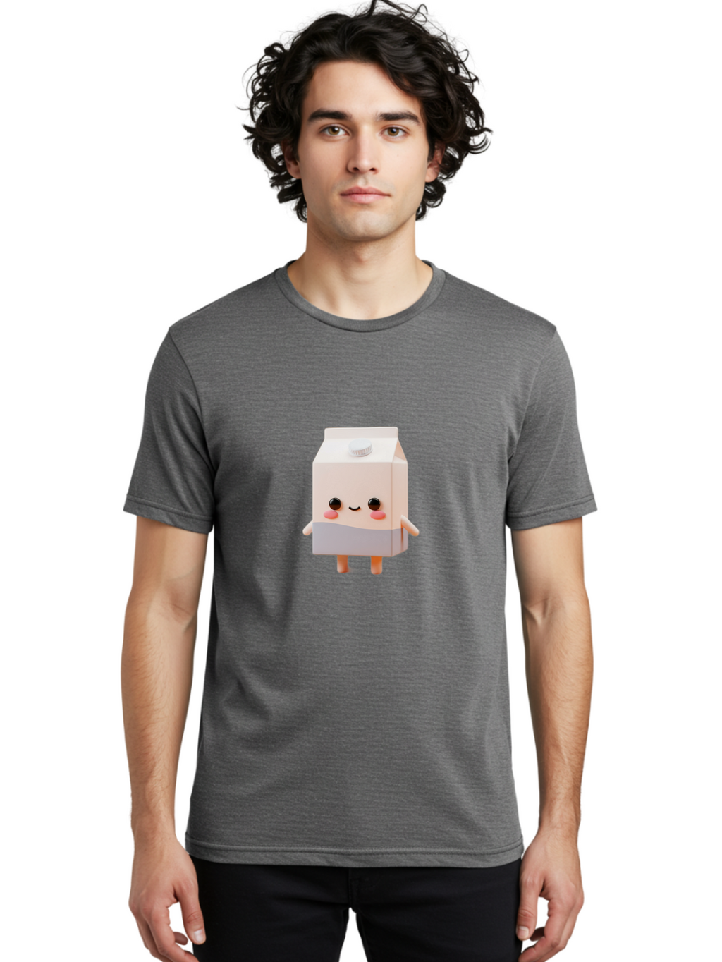Carton-With-Face Men'S Graphic Tee, 100% Cotton, Comfortable Casual Summer Wear, Machine Washable, Cartoon Milk Carton, Cute Character, Kawaii Design, Smiling Face, Rosy Cheeks, Anthropomorphic, 3D Illustration, Dairy Product, Bae386