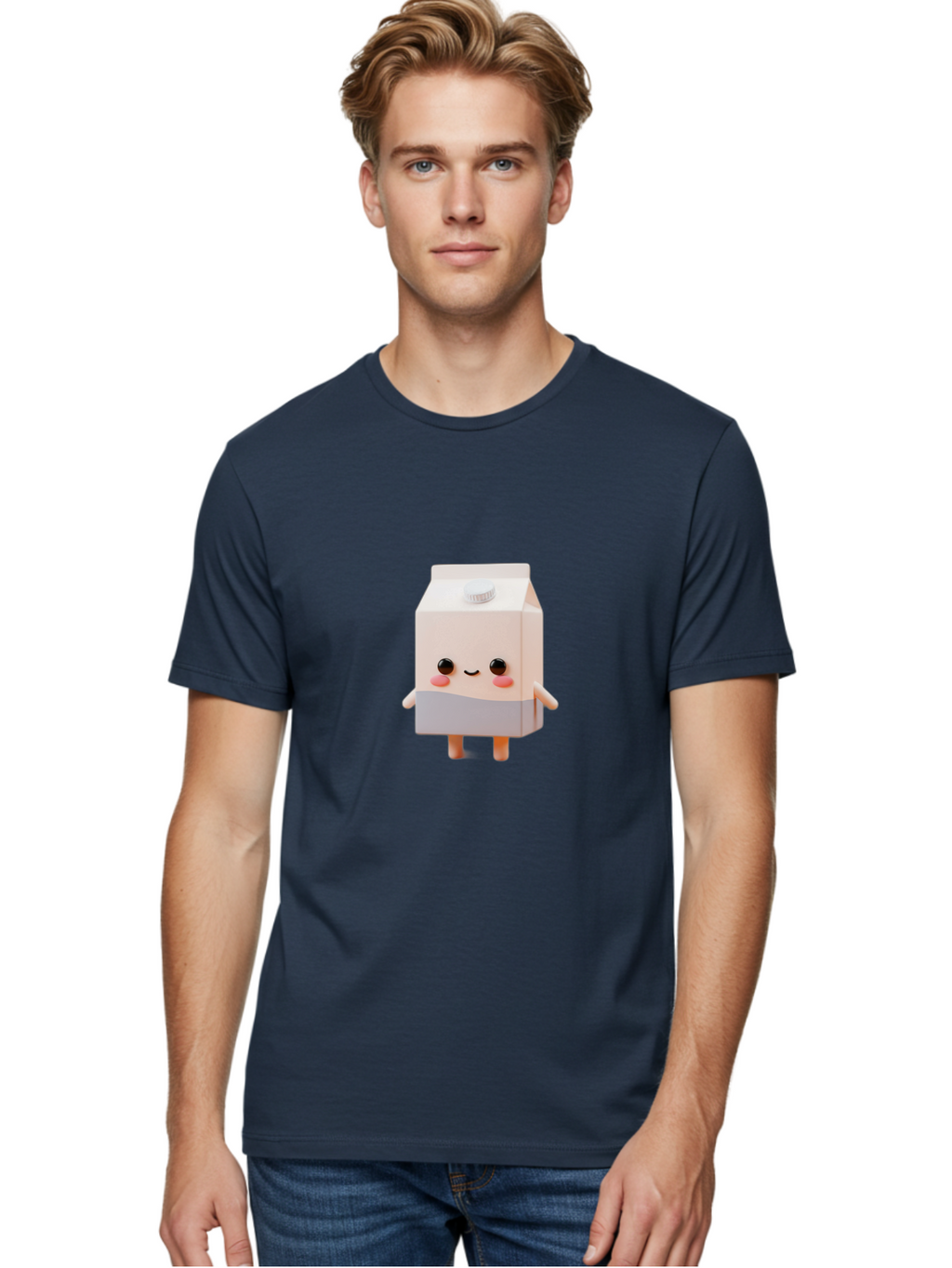Carton-With-Face Men'S Graphic Tee, 100% Cotton, Comfortable Casual Summer Wear, Machine Washable, Cartoon Milk Carton, Cute Character, Kawaii Design, Smiling Face, Rosy Cheeks, Anthropomorphic, 3D Illustration, Dairy Product, Bae386