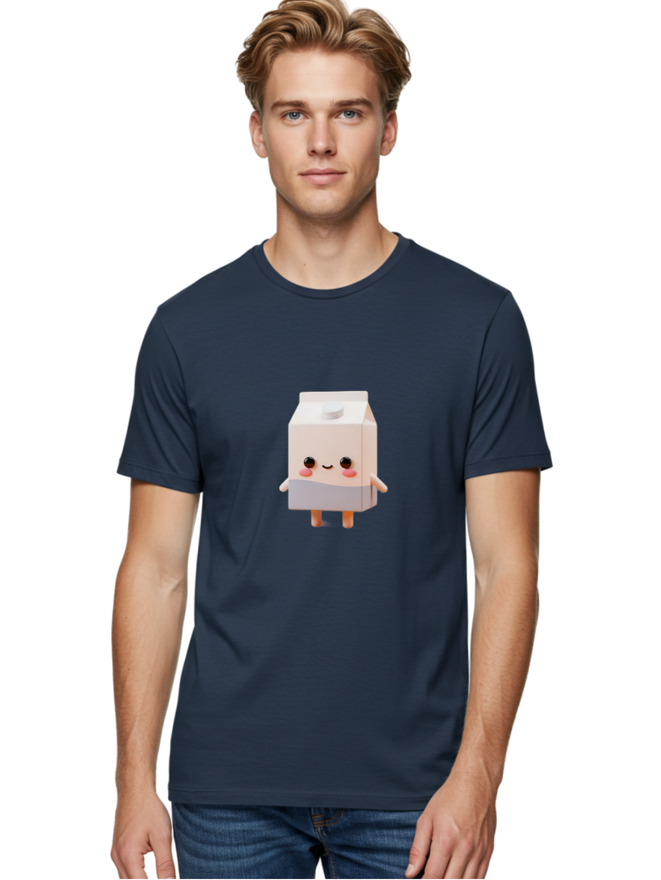 Carton-With-Face Men'S Graphic Tee, 100% Cotton, Comfortable Casual Summer Wear, Machine Washable, Cartoon Milk Carton, Cute Character, Kawaii Design, Smiling Face, Rosy Cheeks, Anthropomorphic, 3D Illustration, Dairy Product, Bae386