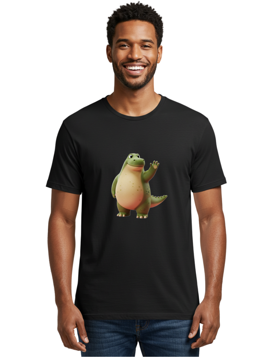 Cartoon-Dinosaur-1 Men'S Graphic Tee, 100% Cotton, Comfortable Casual Summer Wear, Machine Washable, Cartoon Crocodile, Friendly Alligator, Waving Reptile, Green Scaly Skin, Spotted Belly, Animated Character, Children'S Illustration, Bae388