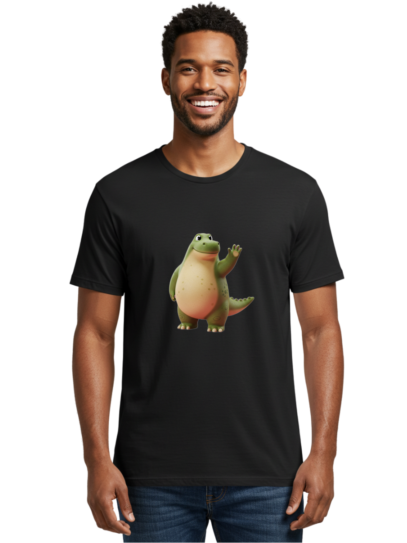 Cartoon-Dinosaur-1 Men'S Graphic Tee, 100% Cotton, Comfortable Casual Summer Wear, Machine Washable, Cartoon Crocodile, Friendly Alligator, Waving Reptile, Green Scaly Skin, Spotted Belly, Animated Character, Children'S Illustration, Bae388