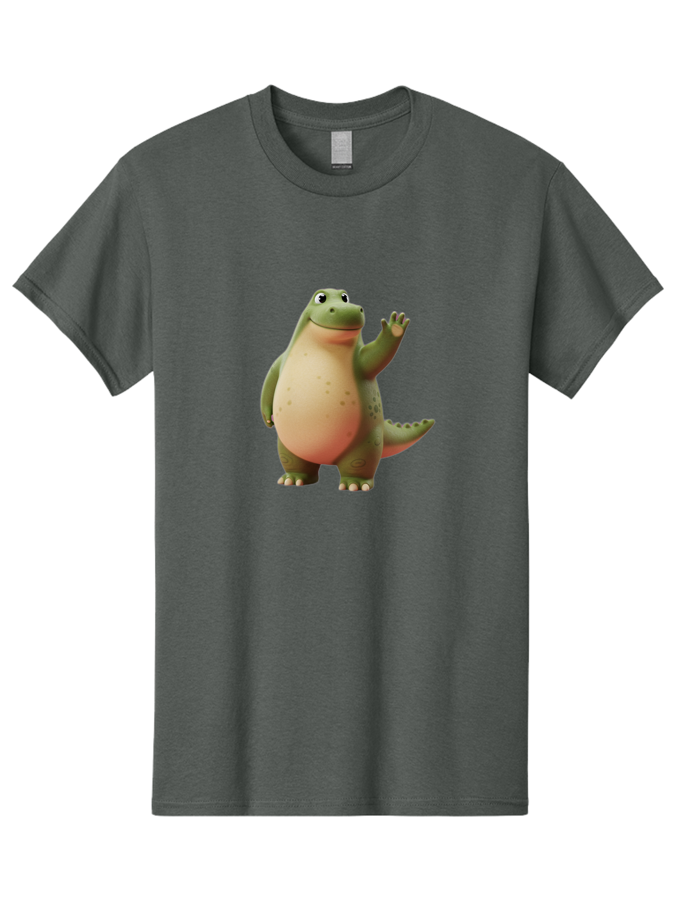 Cartoon-Dinosaur-1 Men'S Graphic Tee, 100% Cotton, Comfortable Casual Summer Wear, Machine Washable, Cartoon Crocodile, Friendly Alligator, Waving Reptile, Green Scaly Skin, Spotted Belly, Animated Character, Children'S Illustration, Bae388