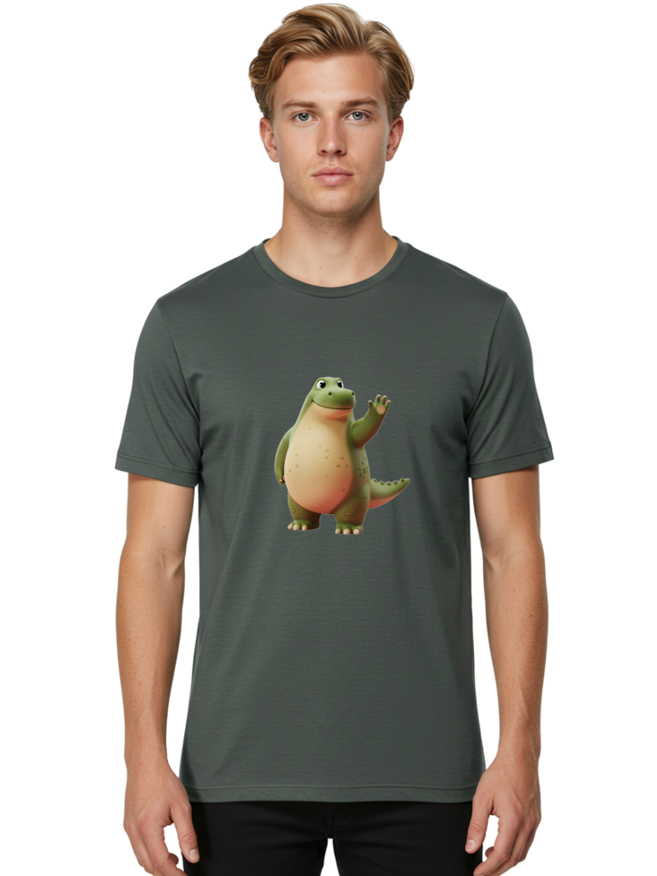 Cartoon-Dinosaur-1 Men'S Graphic Tee, 100% Cotton, Comfortable Casual Summer Wear, Machine Washable, Cartoon Crocodile, Friendly Alligator, Waving Reptile, Green Scaly Skin, Spotted Belly, Animated Character, Children'S Illustration, Bae388