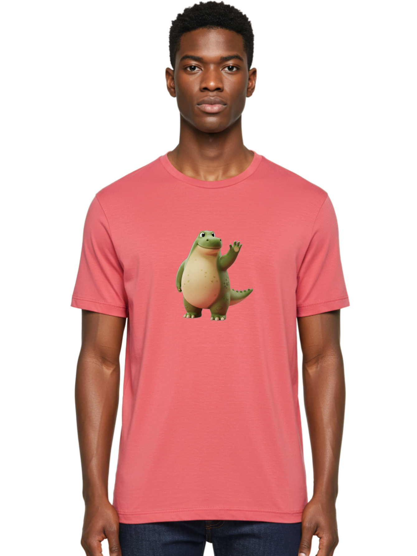 Cartoon-Dinosaur-1 Men'S Graphic Tee, 100% Cotton, Comfortable Casual Summer Wear, Machine Washable, Cartoon Crocodile, Friendly Alligator, Waving Reptile, Green Scaly Skin, Spotted Belly, Animated Character, Children'S Illustration, Bae388