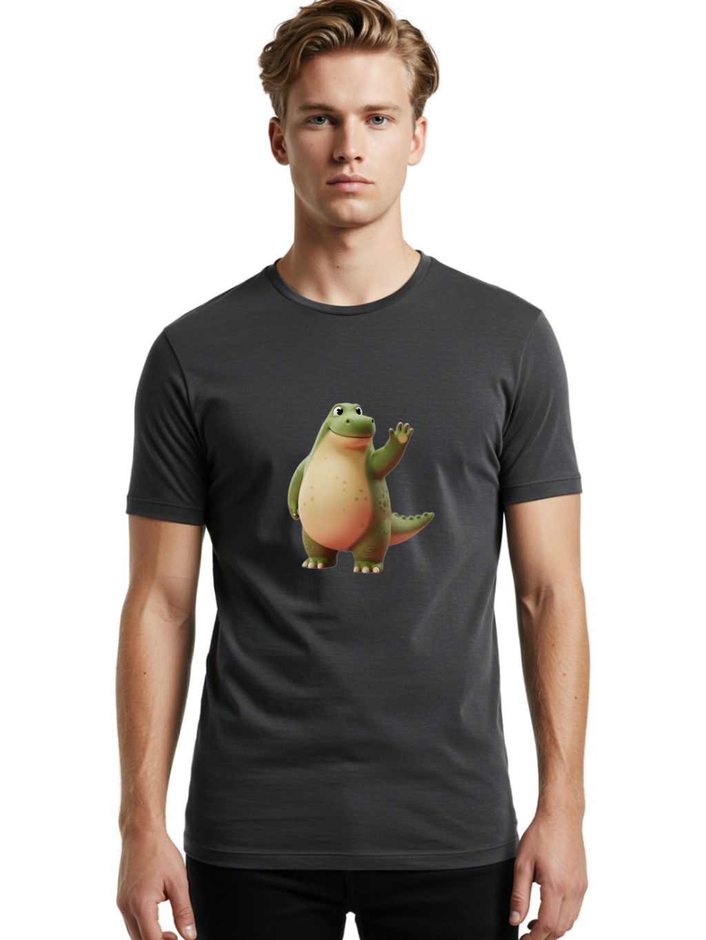 Cartoon-Dinosaur-1 Men'S Graphic Tee, 100% Cotton, Comfortable Casual Summer Wear, Machine Washable, Cartoon Crocodile, Friendly Alligator, Waving Reptile, Green Scaly Skin, Spotted Belly, Animated Character, Children'S Illustration, Bae388