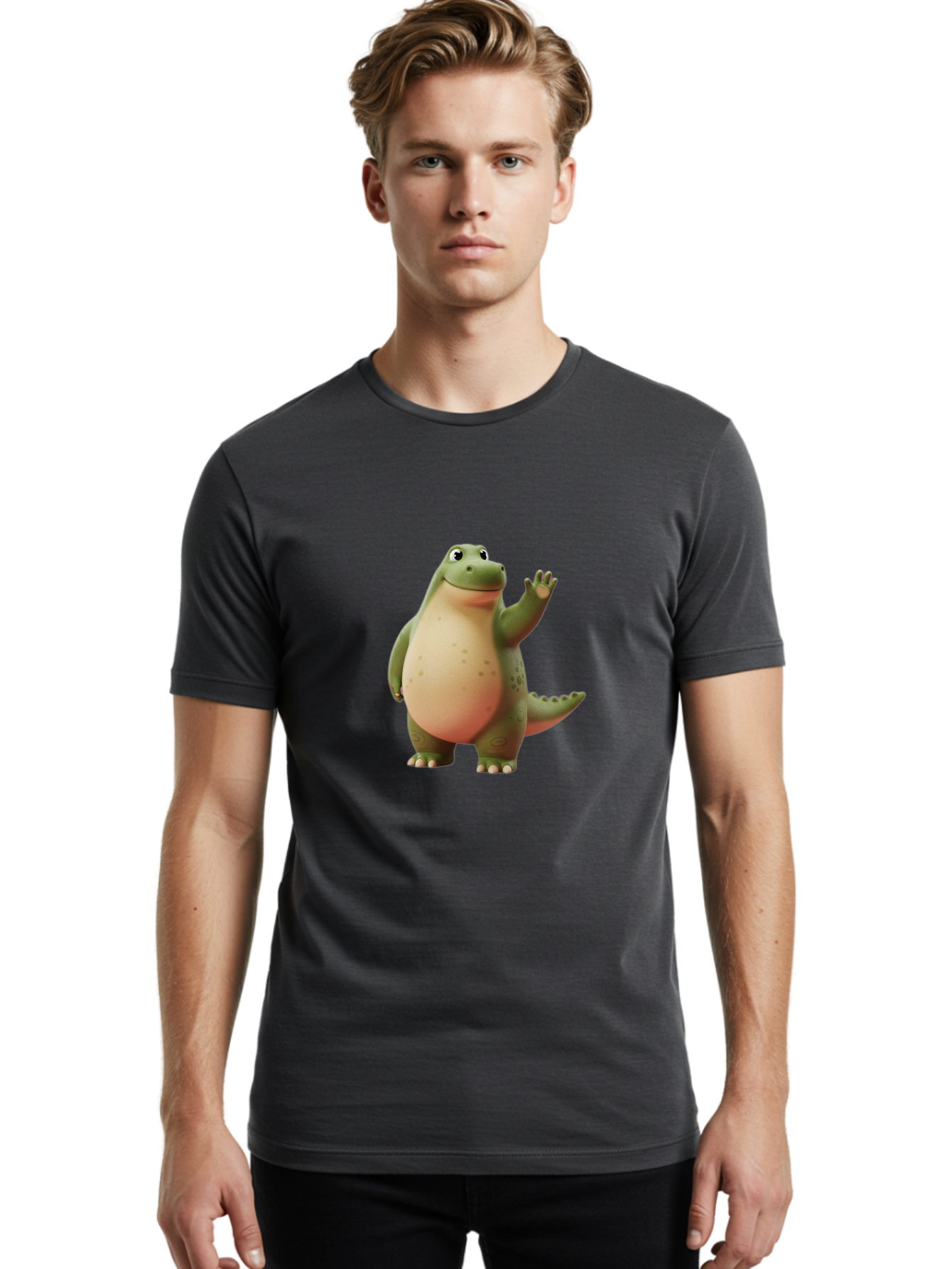 Cartoon-Dinosaur-1 Men'S Graphic Tee, 100% Cotton, Comfortable Casual Summer Wear, Machine Washable, Cartoon Crocodile, Friendly Alligator, Waving Reptile, Green Scaly Skin, Spotted Belly, Animated Character, Children'S Illustration, Bae388