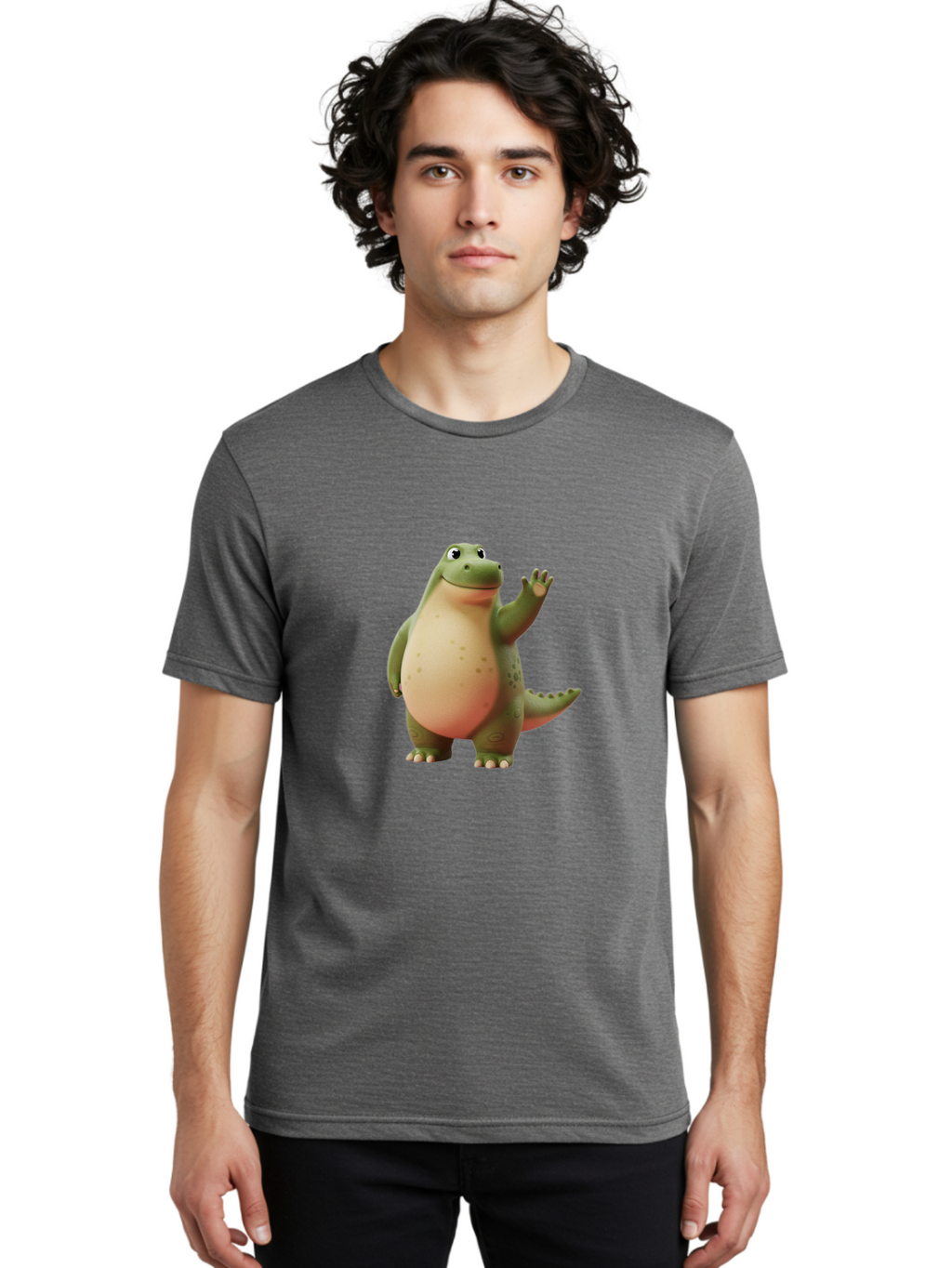 Cartoon-Dinosaur-1 Men'S Graphic Tee, 100% Cotton, Comfortable Casual Summer Wear, Machine Washable, Cartoon Crocodile, Friendly Alligator, Waving Reptile, Green Scaly Skin, Spotted Belly, Animated Character, Children'S Illustration, Bae388