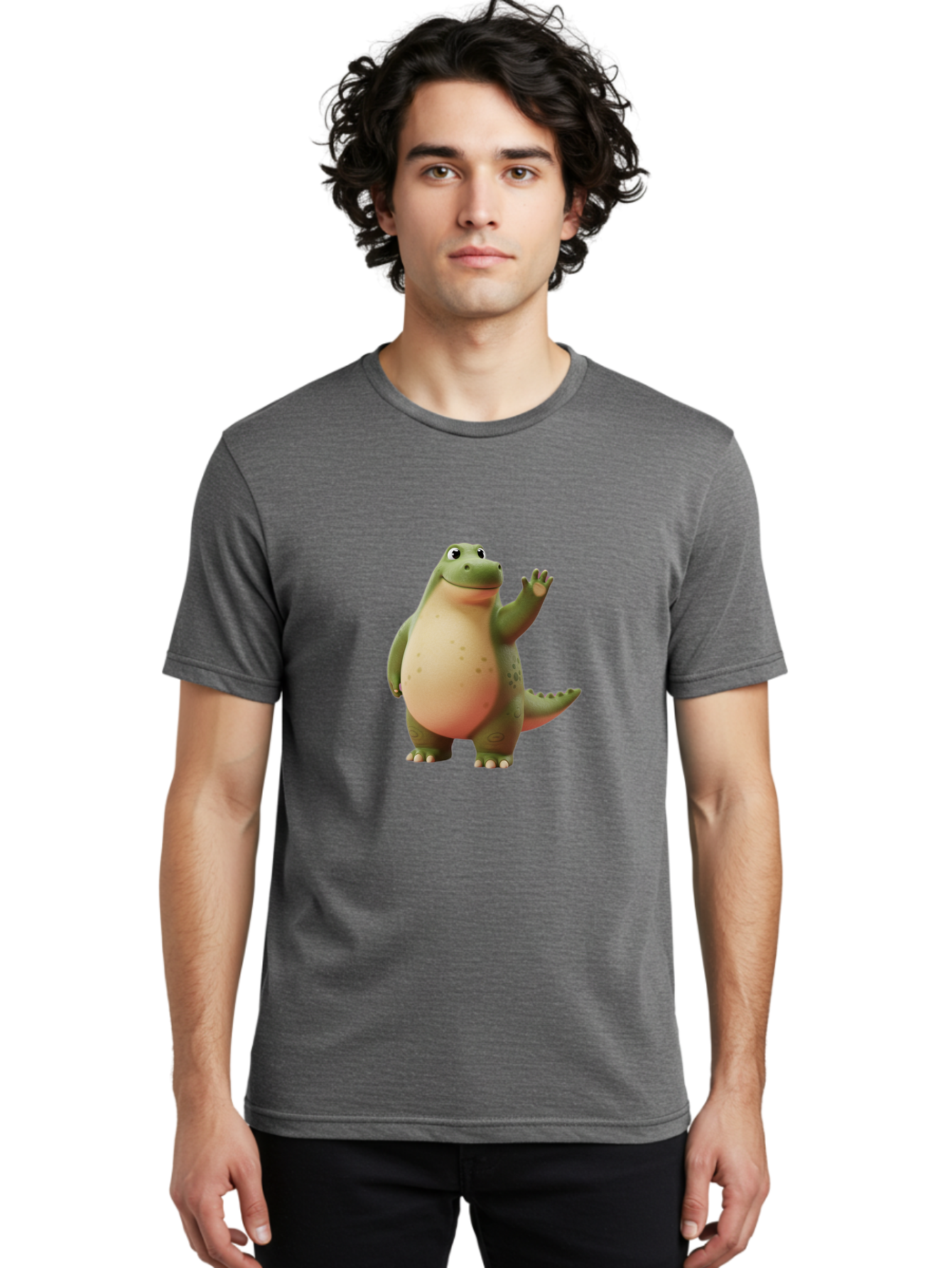 Cartoon-Dinosaur-1 Men'S Graphic Tee, 100% Cotton, Comfortable Casual Summer Wear, Machine Washable, Cartoon Crocodile, Friendly Alligator, Waving Reptile, Green Scaly Skin, Spotted Belly, Animated Character, Children'S Illustration, Bae388