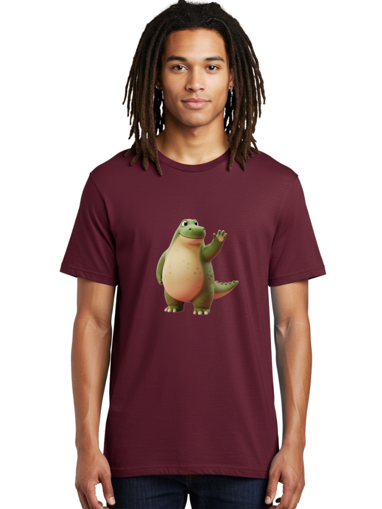 Cartoon-Dinosaur-1 Men'S Graphic Tee, 100% Cotton, Comfortable Casual Summer Wear, Machine Washable, Cartoon Crocodile, Friendly Alligator, Waving Reptile, Green Scaly Skin, Spotted Belly, Animated Character, Children'S Illustration, Bae388