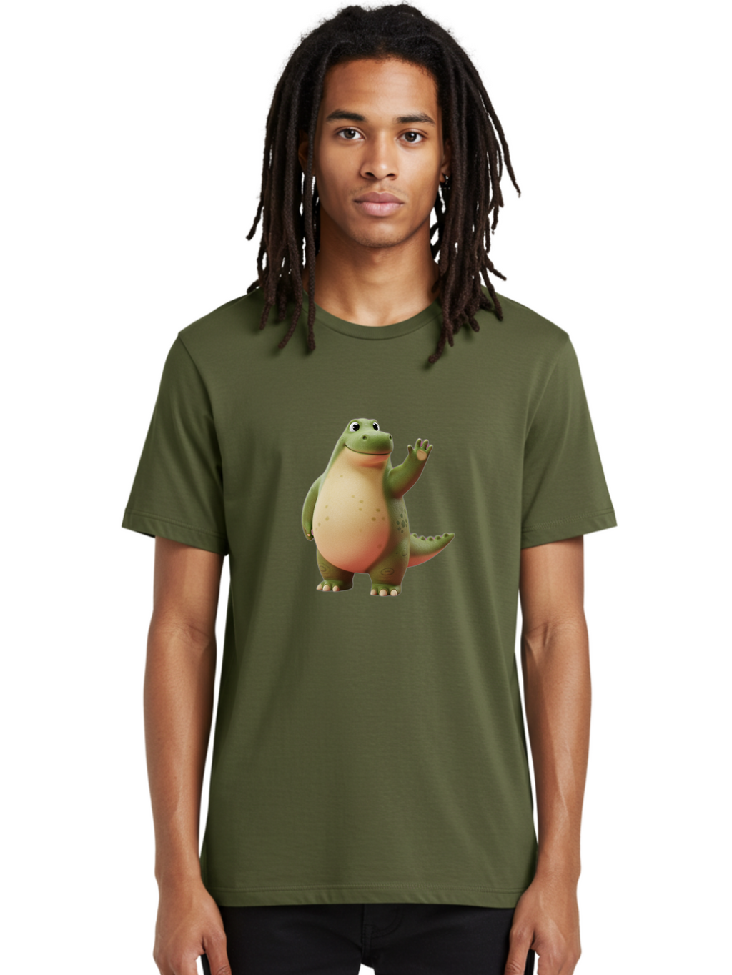 Cartoon-Dinosaur-1 Men'S Graphic Tee, 100% Cotton, Comfortable Casual Summer Wear, Machine Washable, Cartoon Crocodile, Friendly Alligator, Waving Reptile, Green Scaly Skin, Spotted Belly, Animated Character, Children'S Illustration, Bae388