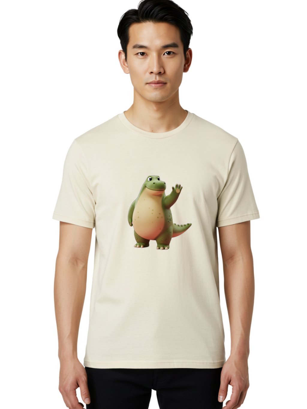 Cartoon-Dinosaur-1 Men'S Graphic Tee, 100% Cotton, Comfortable Casual Summer Wear, Machine Washable, Cartoon Crocodile, Friendly Alligator, Waving Reptile, Green Scaly Skin, Spotted Belly, Animated Character, Children'S Illustration, Bae388