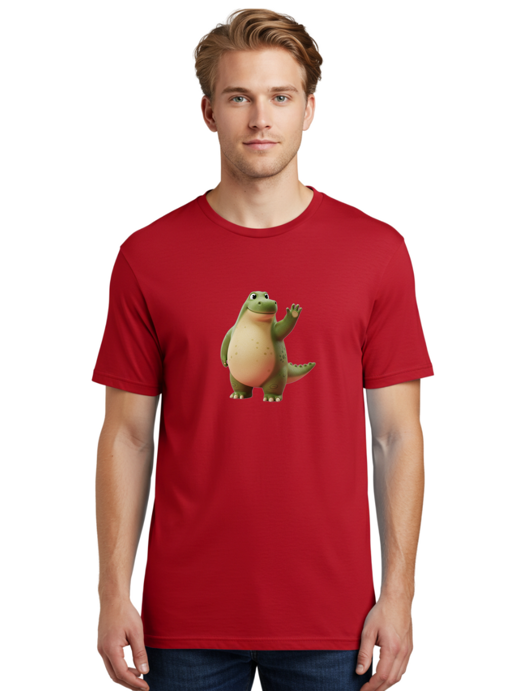 Cartoon-Dinosaur-1 Men'S Graphic Tee, 100% Cotton, Comfortable Casual Summer Wear, Machine Washable, Cartoon Crocodile, Friendly Alligator, Waving Reptile, Green Scaly Skin, Spotted Belly, Animated Character, Children'S Illustration, Bae388
