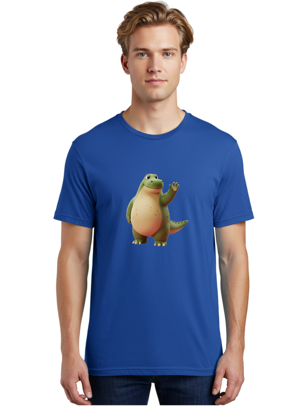 Cartoon-Dinosaur-1 Men'S Graphic Tee, 100% Cotton, Comfortable Casual Summer Wear, Machine Washable, Cartoon Crocodile, Friendly Alligator, Waving Reptile, Green Scaly Skin, Spotted Belly, Animated Character, Children'S Illustration, Bae388