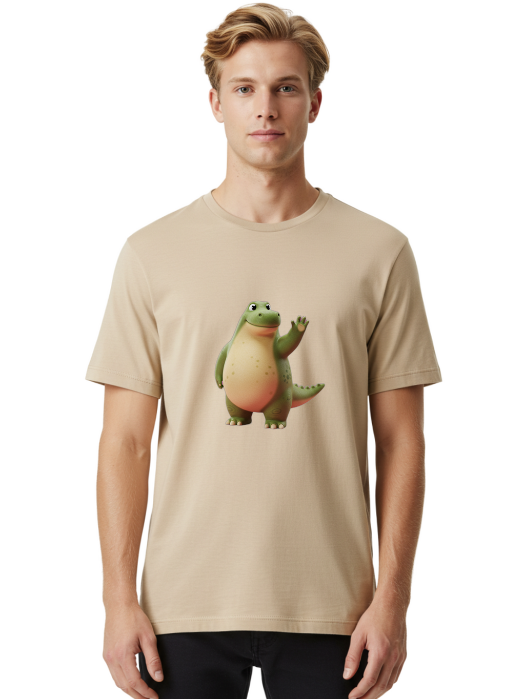 Cartoon-Dinosaur-1 Men'S Graphic Tee, 100% Cotton, Comfortable Casual Summer Wear, Machine Washable, Cartoon Crocodile, Friendly Alligator, Waving Reptile, Green Scaly Skin, Spotted Belly, Animated Character, Children'S Illustration, Bae388