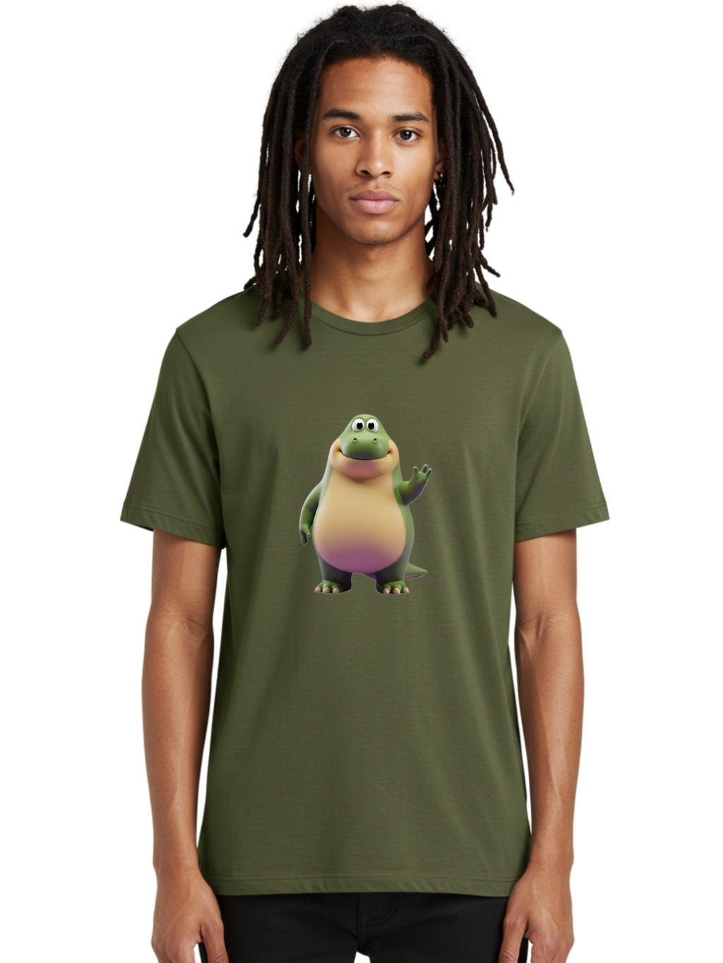 Cartoon-Dinosaur-2 Men'S Graphic Tee, 100% Cotton, Comfortable Casual Summer Wear, Machine Washable, Cartoon Dinosaur, Dinosaur Character, Friendly Reptile, Smiling Creature, Animated Dino, Dino Illustration, Green Dinosaur, Cute Dino, Bae389