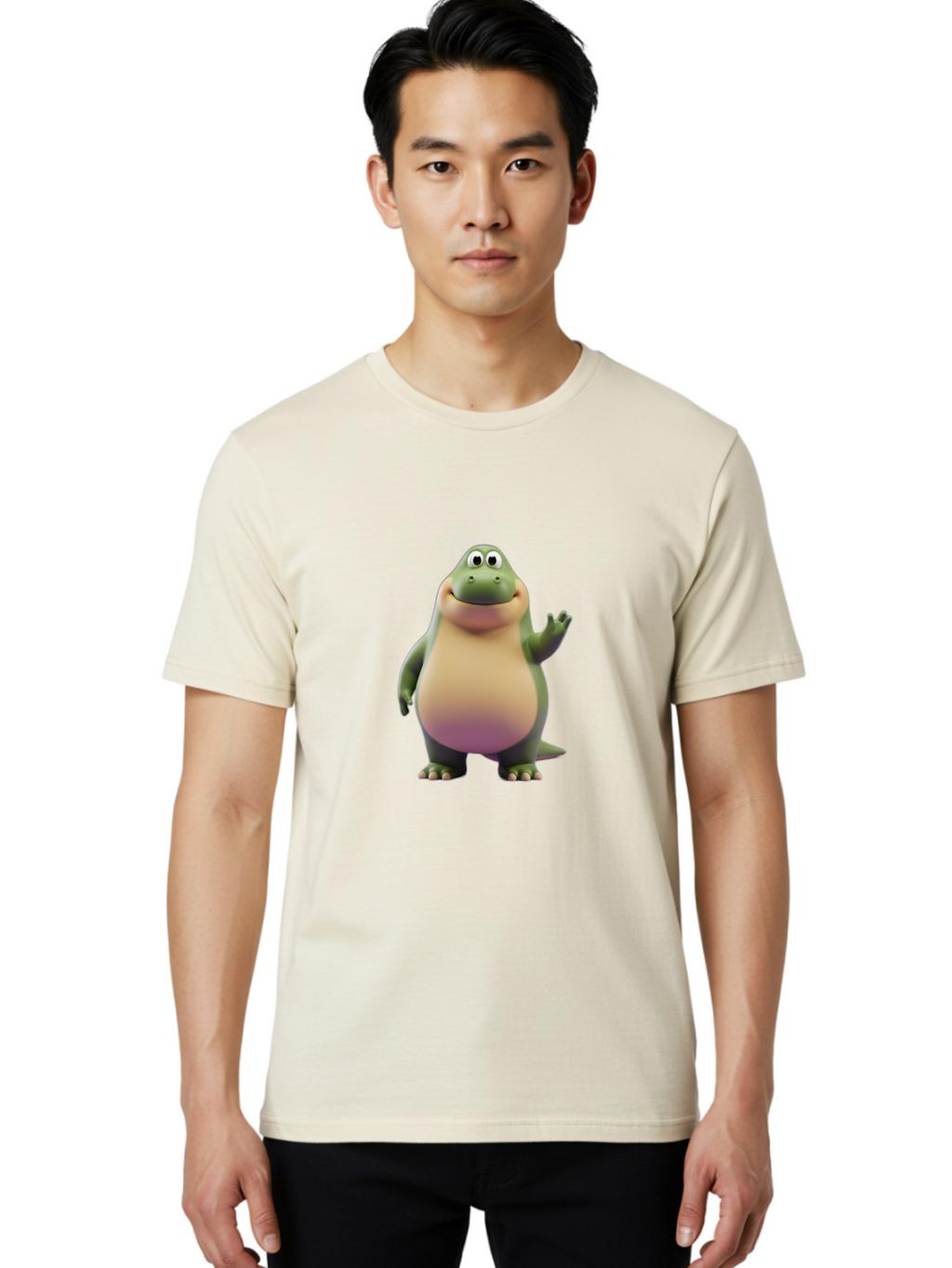 Cartoon-Dinosaur-2 Men'S Graphic Tee, 100% Cotton, Comfortable Casual Summer Wear, Machine Washable, Cartoon Dinosaur, Dinosaur Character, Friendly Reptile, Smiling Creature, Animated Dino, Dino Illustration, Green Dinosaur, Cute Dino, Bae389