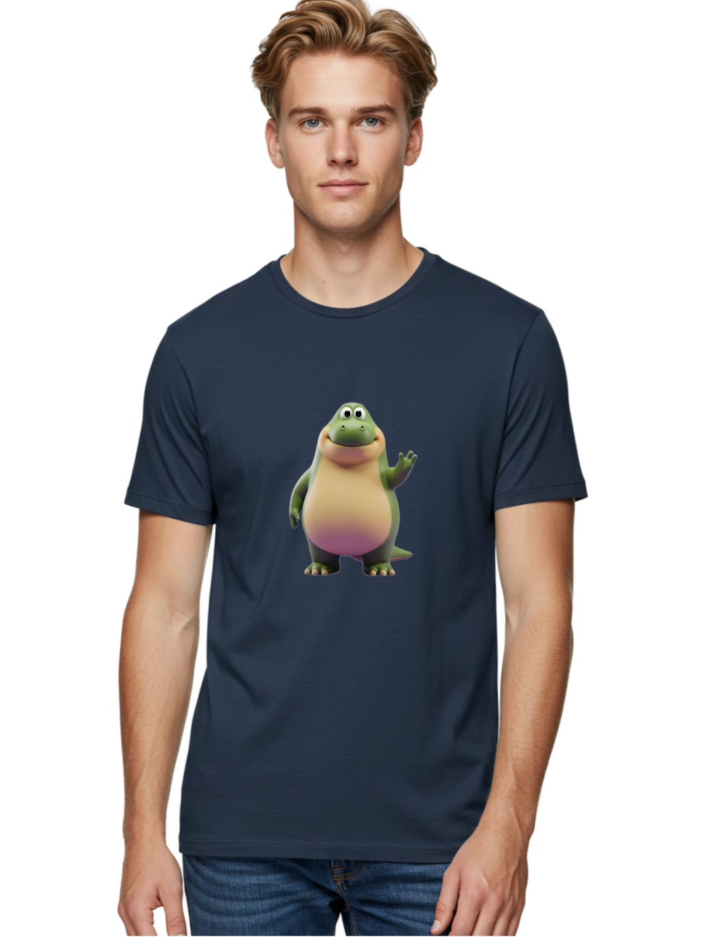 Cartoon-Dinosaur-2 Men'S Graphic Tee, 100% Cotton, Comfortable Casual Summer Wear, Machine Washable, Cartoon Dinosaur, Dinosaur Character, Friendly Reptile, Smiling Creature, Animated Dino, Dino Illustration, Green Dinosaur, Cute Dino, Bae389